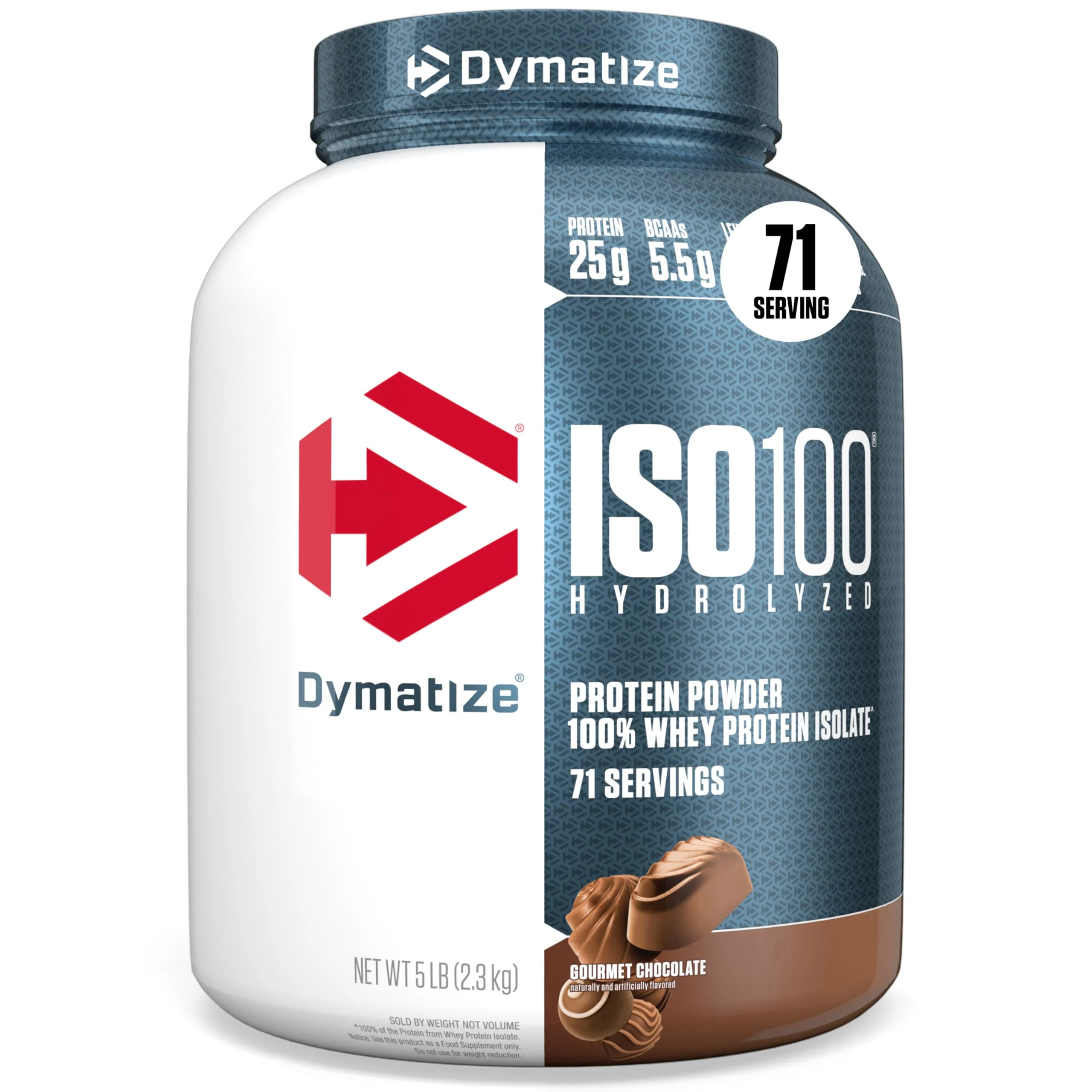 Dymatize ISO100 Whey Protein Powder Isolate, Gourmet Chocolate, 25g of Protein, 5 Pound, 5.5g BCAAs, Less Than 120 Cal., Gluten Free, 1g Fat, 1g Sugar, 2g Carb (71 Servings) - Image 2