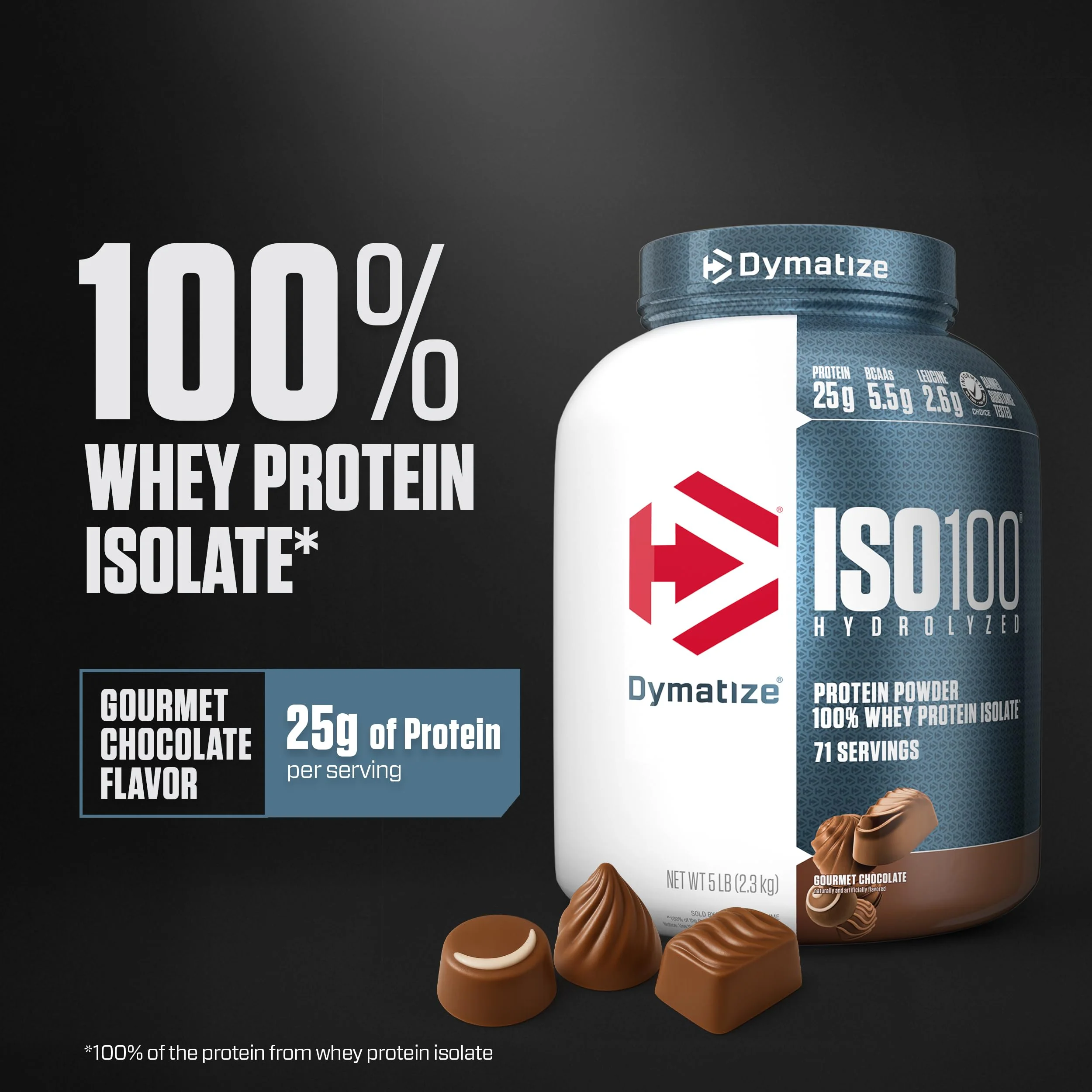 Dymatize ISO100 Whey Protein Powder Isolate, Gourmet Chocolate, 25g of Protein, 5 Pound, 5.5g BCAAs, Less Than 120 Cal., Gluten Free, 1g Fat, 1g Sugar, 2g Carb (71 Servings) - Image 3