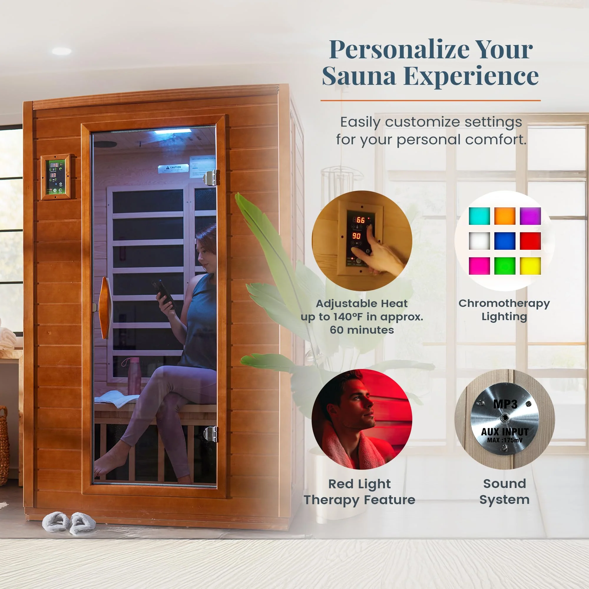 DYNAMIC SAUNAS Andora 2-Person Low EMF FAR Infrared Sauna with Red Light Therapy - Personal Indoor Dry Heat Wooden Sauna with Bluetooth Speakers for Home & Gym - Made from Canadian Hemlock Wood - Image 5
