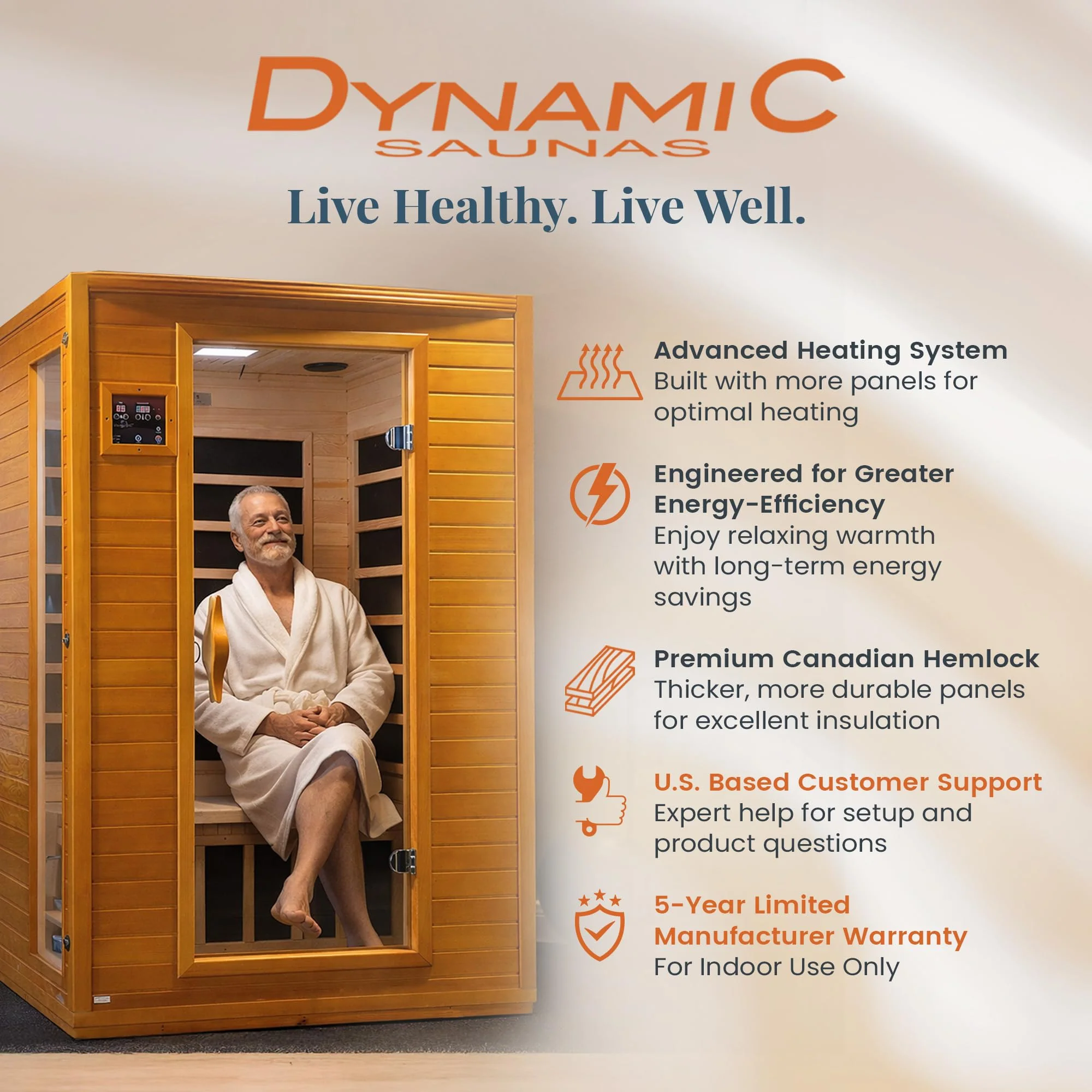 DYNAMIC SAUNAS Andora 2-Person Low EMF FAR Infrared Sauna with Red Light Therapy - Personal Indoor Dry Heat Wooden Sauna with Bluetooth Speakers for Home & Gym - Made from Canadian Hemlock Wood - Image 9