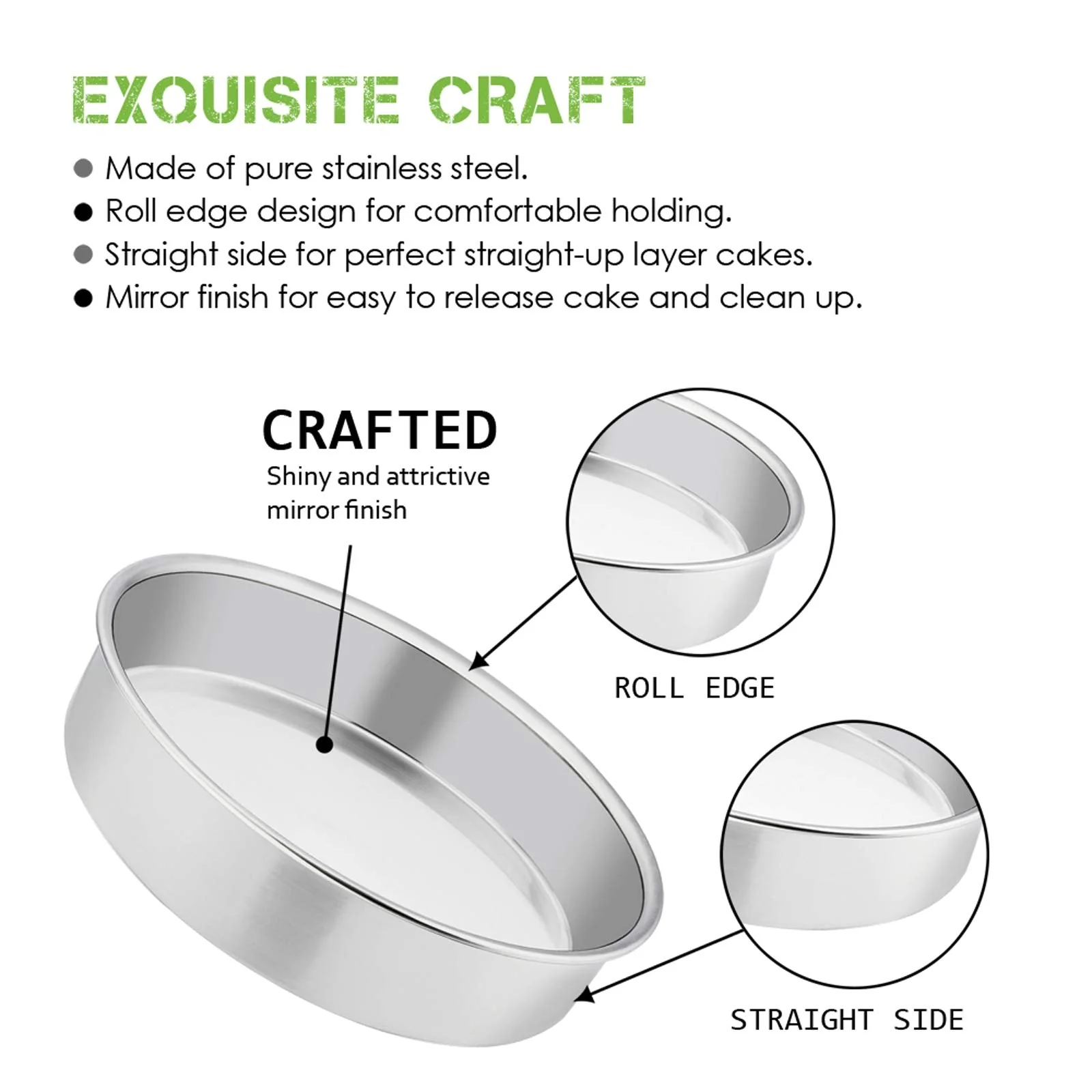 E-far 11 Inch Cake Pan Set of 3, Stainless Steel Round Cake Baking Pans, Non-Toxic & Healthy, Mirror Finish & Dishwasher Safe - Image 6