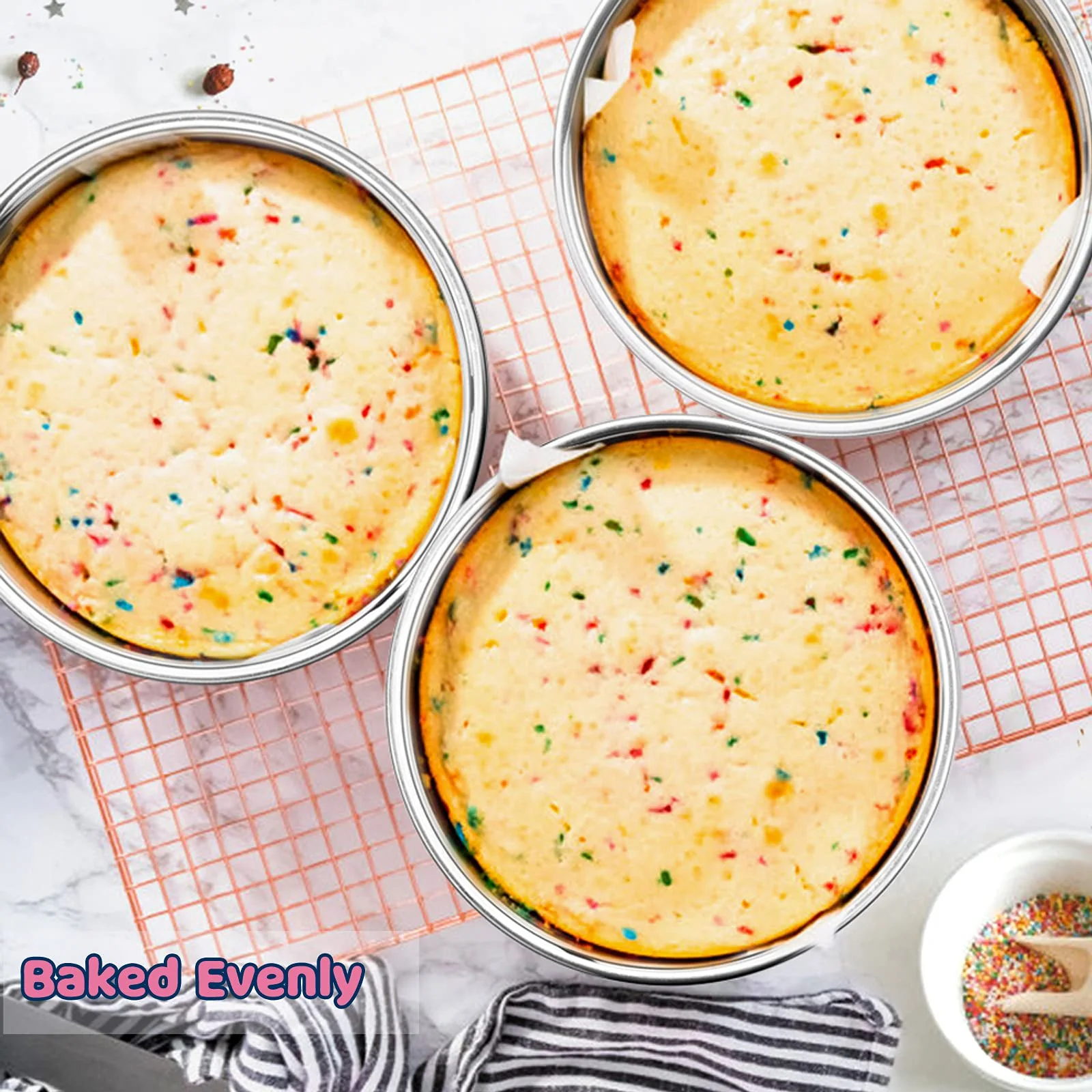 E-far 8 Inch Cake Pan Set of 3, Stainless Steel Round Layer Cake Baking Pans, Non-Toxic & Healthy, Mirror Finish & Dishwasher Safe - Image 3