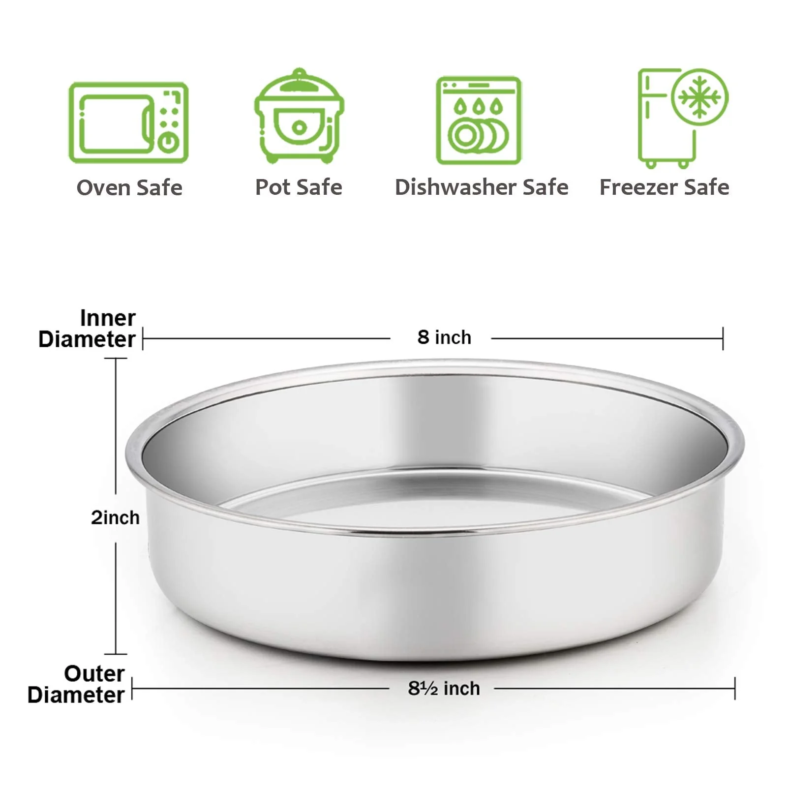 E-far 8 Inch Cake Pan Set of 3, Stainless Steel Round Layer Cake Baking Pans, Non-Toxic & Healthy, Mirror Finish & Dishwasher Safe - Image 7