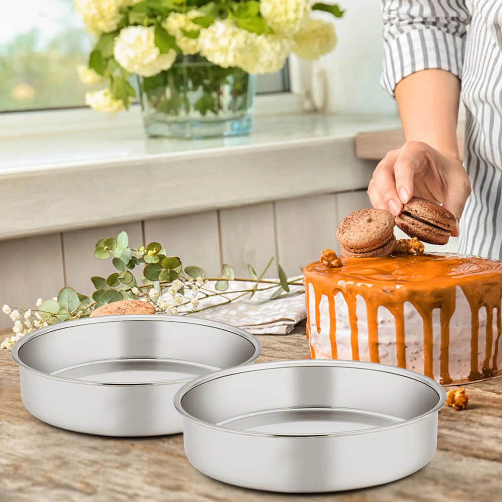 E-far 9½ Inch Cake Pan Set of 3, Stainless Steel Round Cake Baking Pans, Non-Toxic & Healthy, Mirror Finish & Dishwasher Safe - Image 4