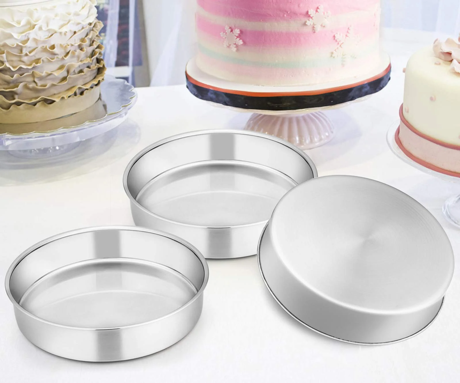 E-far 9½ Inch Cake Pan Set of 3, Stainless Steel Round Cake Baking Pans, Non-Toxic & Healthy, Mirror Finish & Dishwasher Safe - Image 5