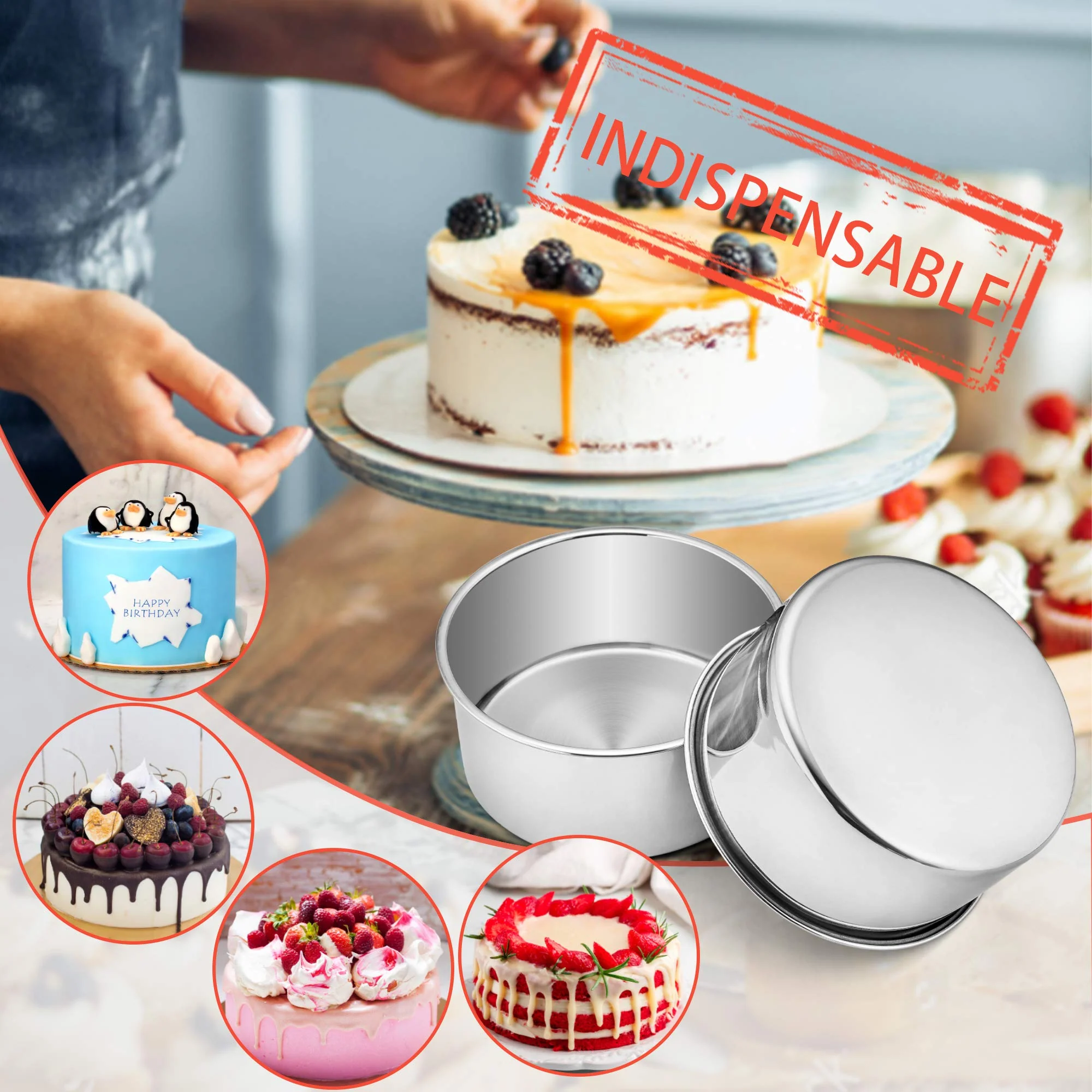 E-far Cake Pans Set of 3, 6 x 3 Inch Stainless Steel Round Cake Baking Pans Tins for Wedding Birthday, Deep Side & Non-toxic, Oven & Dishwasher Safe, Mirror Finish & Straight Side - Image 3