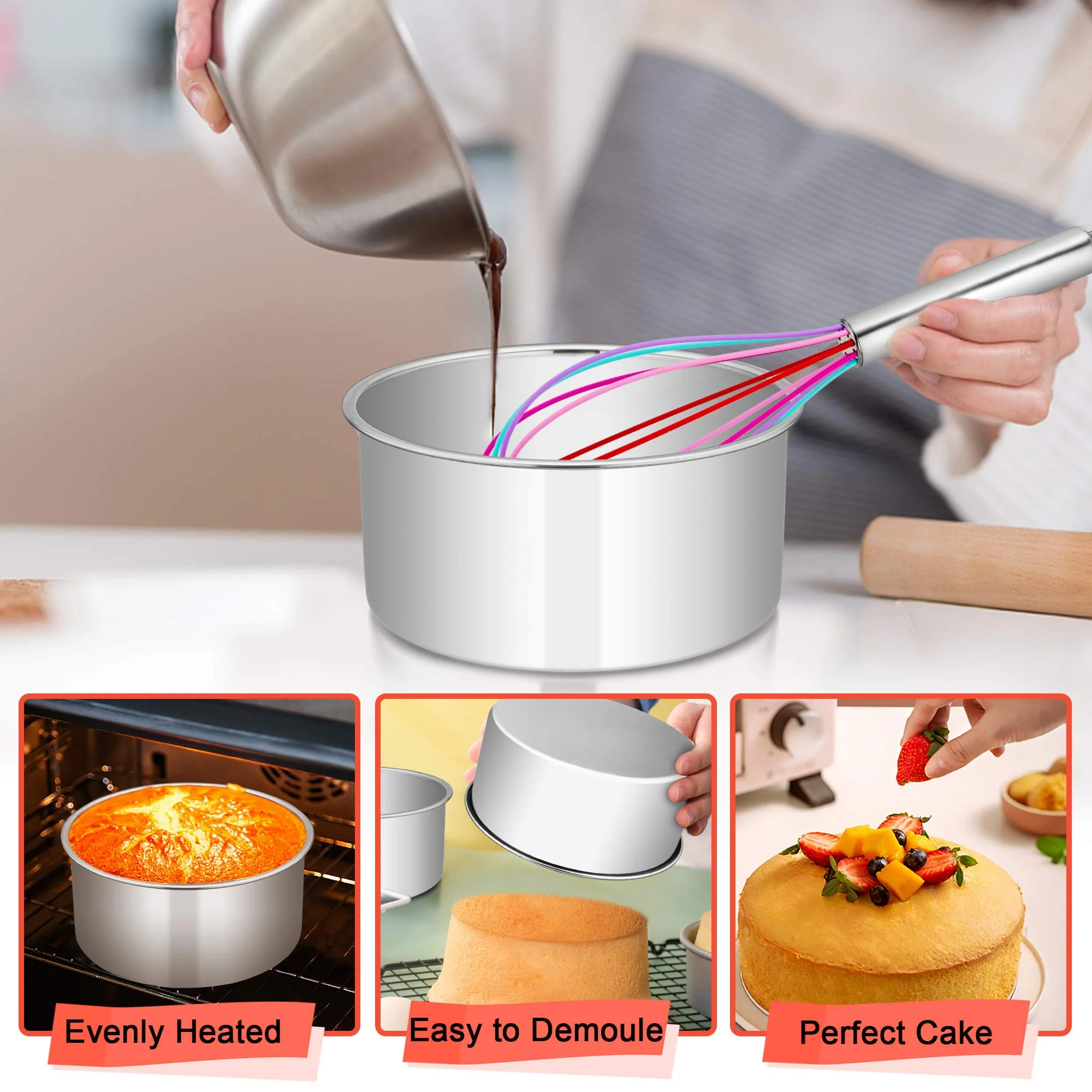 E-far Cake Pans Set of 3, 6 x 3 Inch Stainless Steel Round Cake Baking Pans Tins for Wedding Birthday, Deep Side & Non-toxic, Oven & Dishwasher Safe, Mirror Finish & Straight Side - Image 4