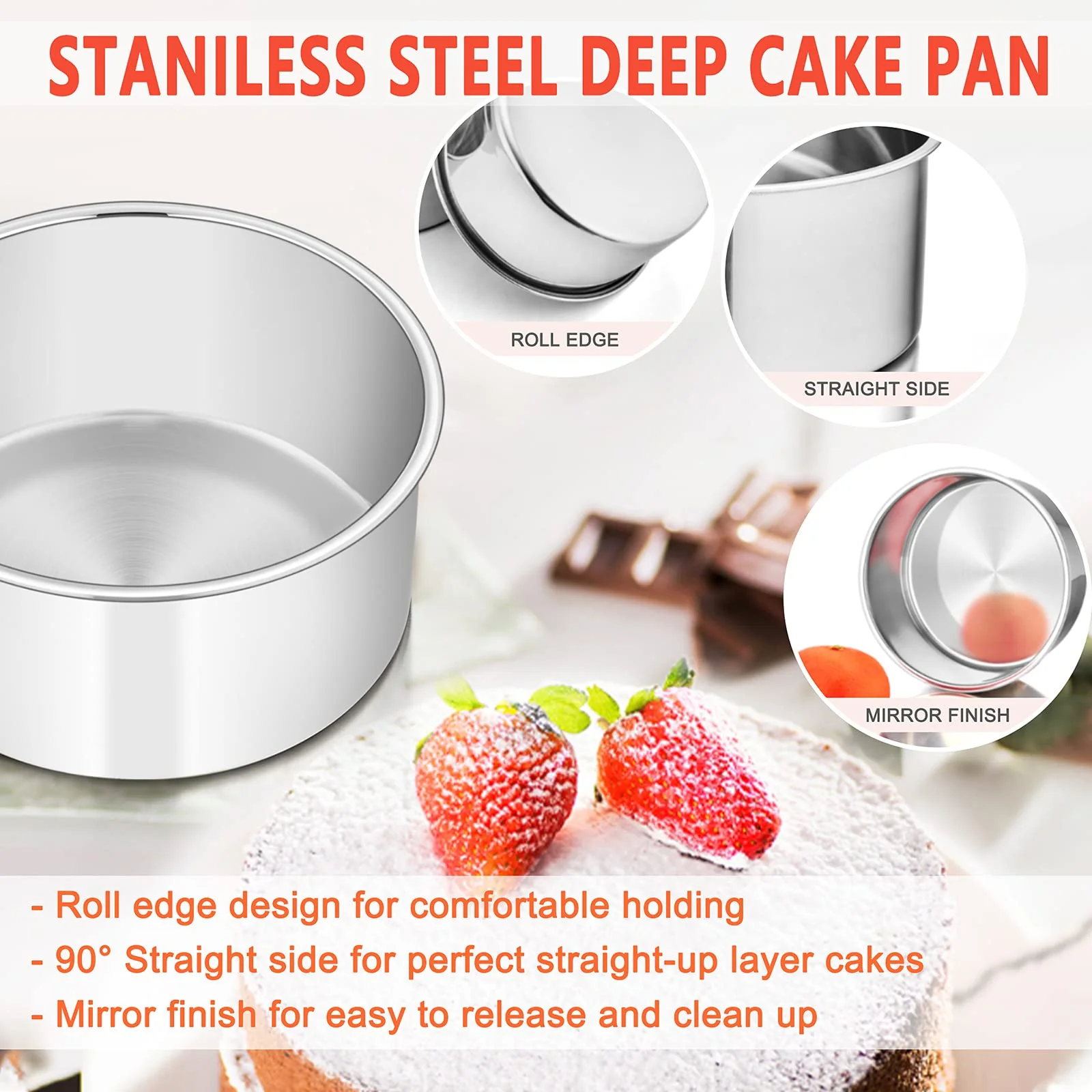 E-far Cake Pans Set of 3, 6 x 3 Inch Stainless Steel Round Cake Baking Pans Tins for Wedding Birthday, Deep Side & Non-toxic, Oven & Dishwasher Safe, Mirror Finish & Straight Side - Image 6