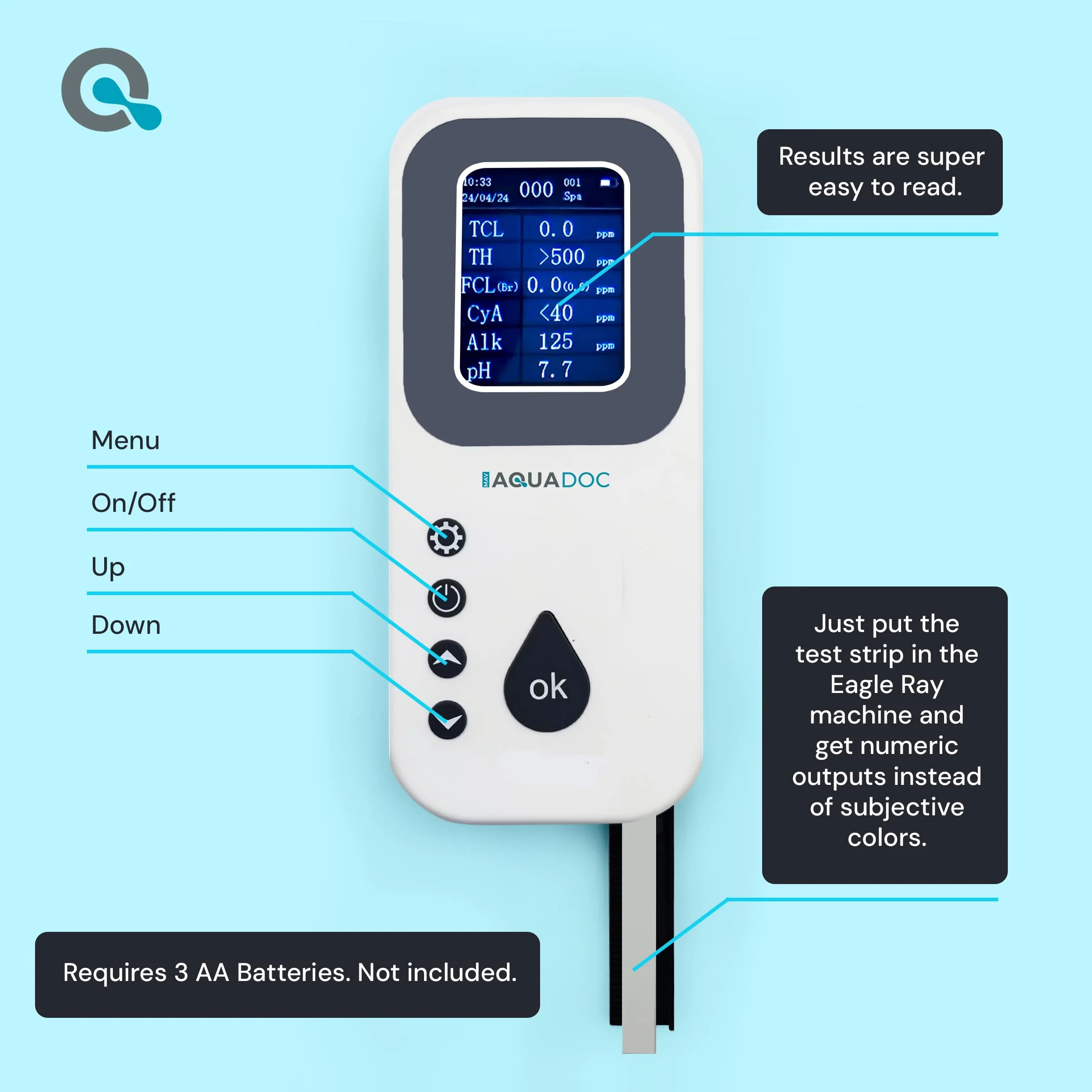 Eagle Ray Digital Spa Water Test Kit by AquaDoc with Digital Water Tester and 30 hot tub Test Strips for Chlorine, Bromine, Total Hardness, Cyanuric Acid, Alkalinity, and pH - Image 5