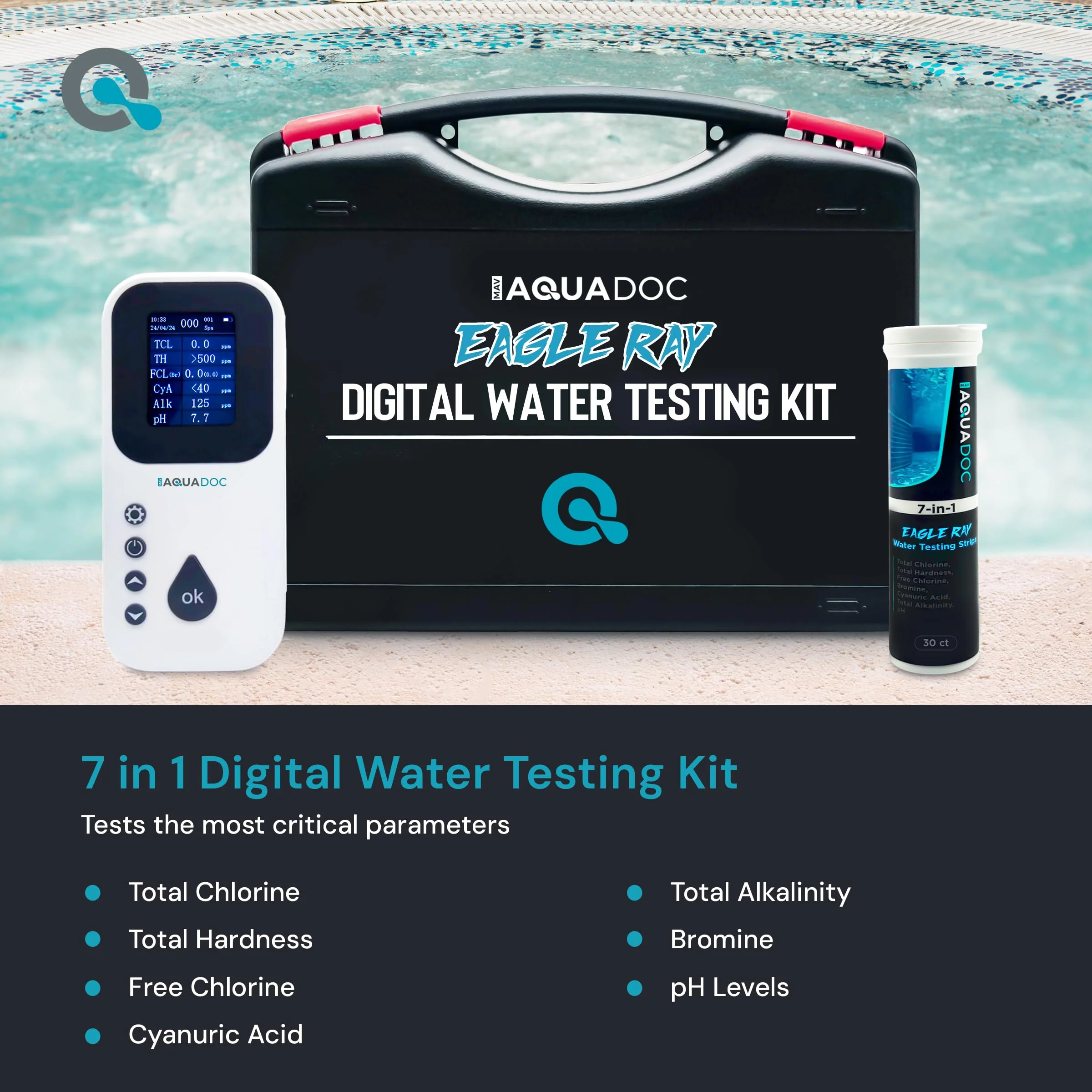 Eagle Ray Digital Spa Water Test Kit by AquaDoc with Digital Water Tester and 30 hot tub Test Strips for Chlorine, Bromine, Total Hardness, Cyanuric Acid, Alkalinity, and pH - Image 9
