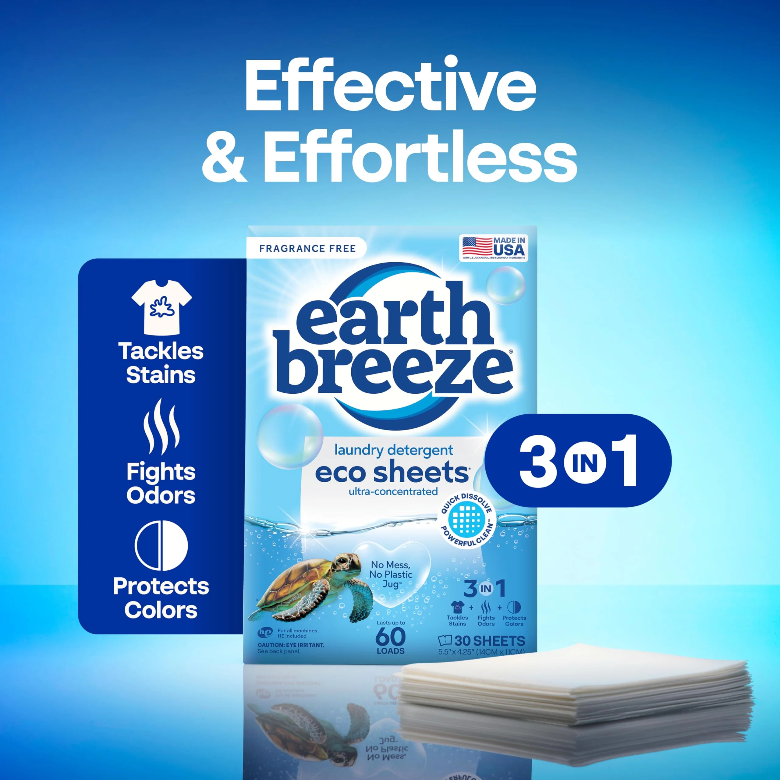 Earth Breeze Laundry Detergent Sheets Fragrance-Free - 180 Loads Eco Liquidless Soap - Travel-Friendly for Hot & Cold Cycles, Tackles Tough Stains & Odors - Gentle on Sensitive Skin, 90 Ct (3 Pack) - Image 3