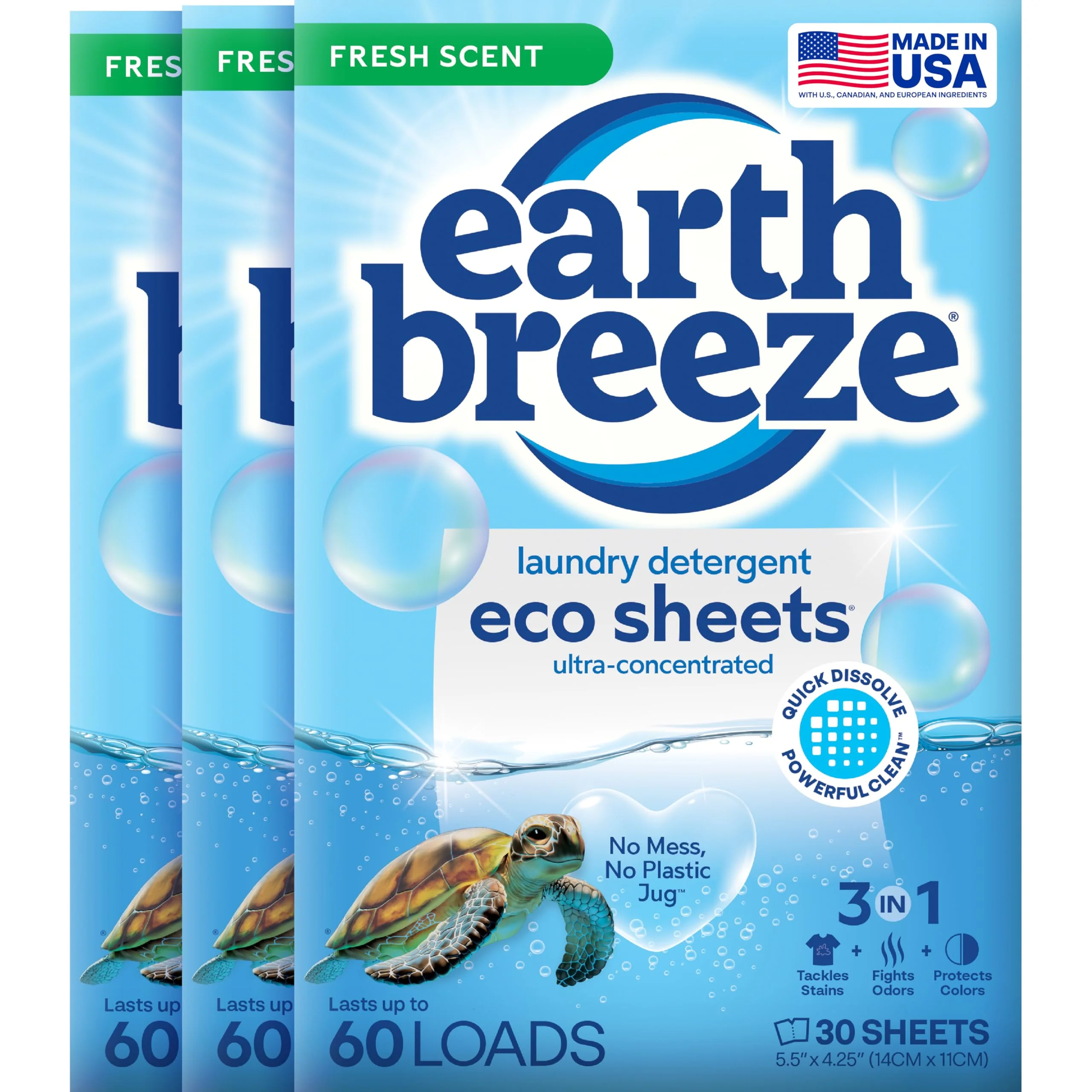 Earth Breeze Laundry Detergent Sheets Fresh Scent - 60 Loads per package. Eco Liquidless Soap - Travel-Friendly for Hot & Cold Cycles, Tackles Tough Stains & Odors - Gentle on Skin, 30 sheets (3 Pack) - Image 2