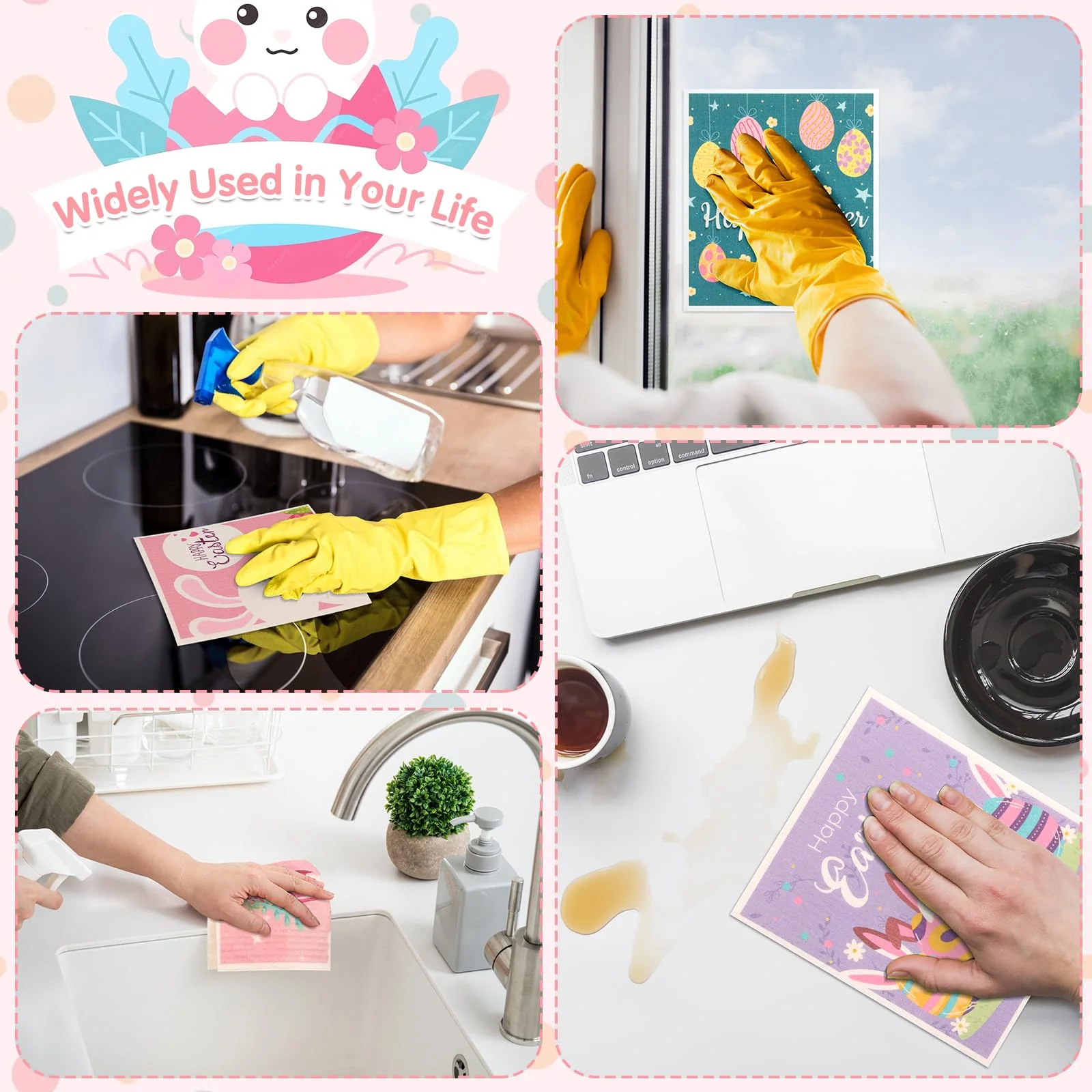 Easter Swedish Dishcloth Set of 10, Super Absorbent Swedish Kitchen Dish Cloths Reusable Paper Towels Cleaning Rags for Dishes Quick Drying, Easter Cute Bunny Rabbit Egg Prints Decorative Wipes - Image 2