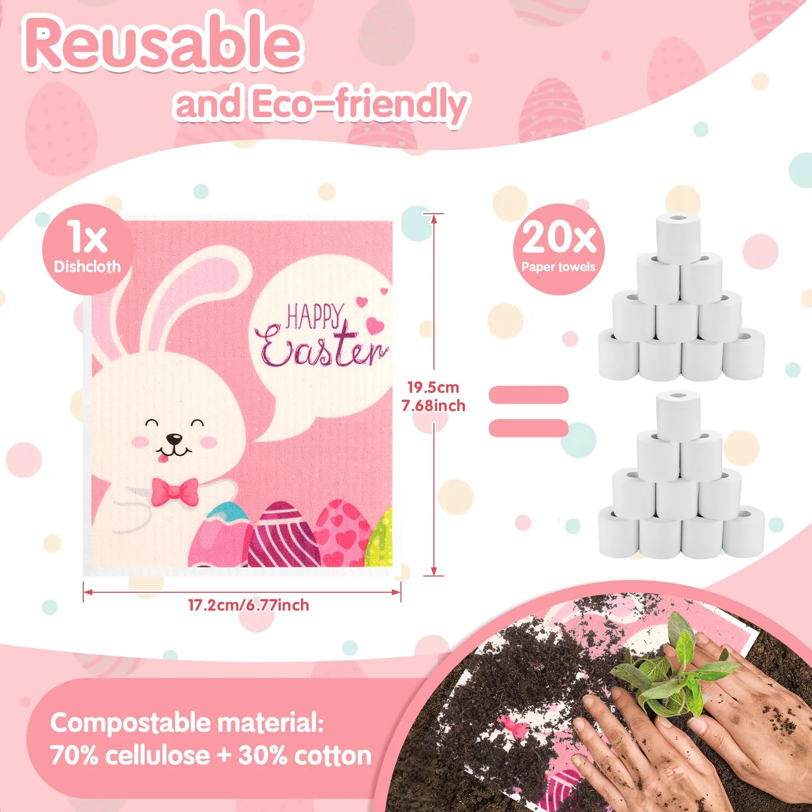 Easter Swedish Dishcloth Set of 10, Super Absorbent Swedish Kitchen Dish Cloths Reusable Paper Towels Cleaning Rags for Dishes Quick Drying, Easter Cute Bunny Rabbit Egg Prints Decorative Wipes - Image 6