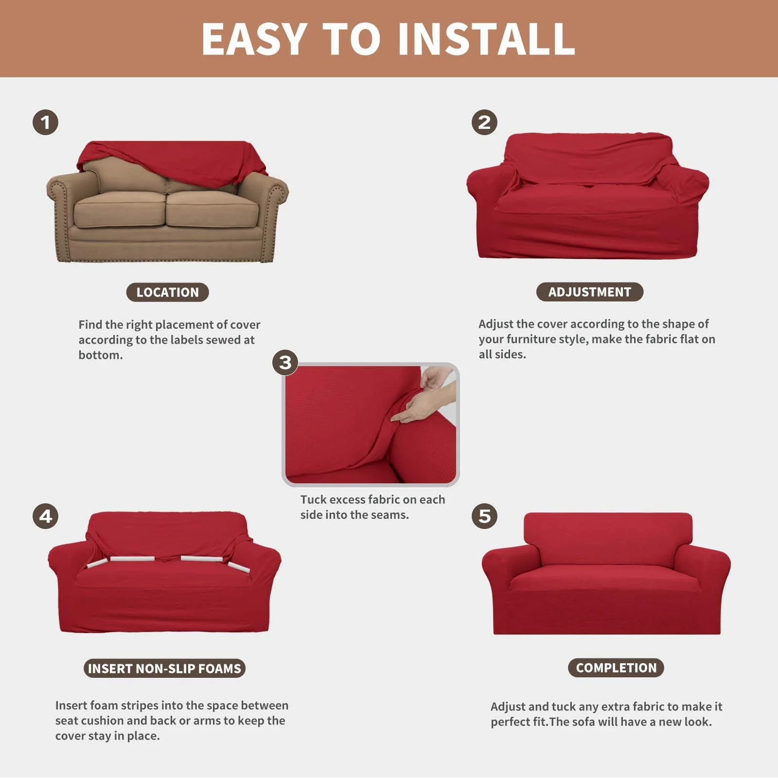 Easy-Going 100% Waterproof Couch Cover, Dual Waterproof Sofa Cover, Stretch Jacquard Sofa Slipcover, Leakproof Furniture Protector for Kids, Pets, Dog and Cat (Sofa, Christmas Red) - Image 2