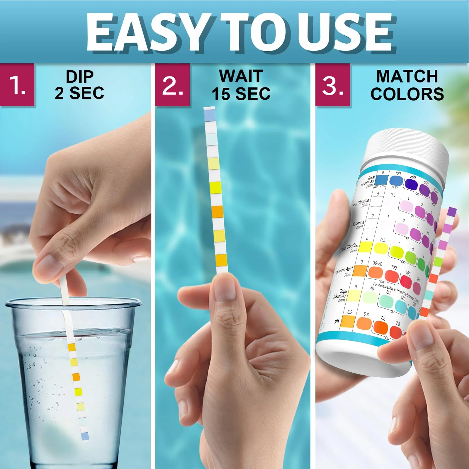 EASYTEST 9-Way Pool Test Strips, 140 Strips for Hot tub and Spa, Accurate Testing pH, Total Chlorine, Free Chlorine, Bromine, Alkalinity, Total Hardness, Cyanuric Acid, Salt and Copper - Image 3