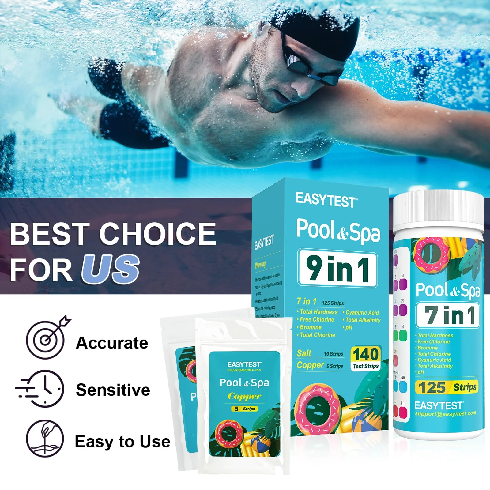 EASYTEST 9-Way Pool Test Strips, 140 Strips for Hot tub and Spa, Accurate Testing pH, Total Chlorine, Free Chlorine, Bromine, Alkalinity, Total Hardness, Cyanuric Acid, Salt and Copper - Image 4