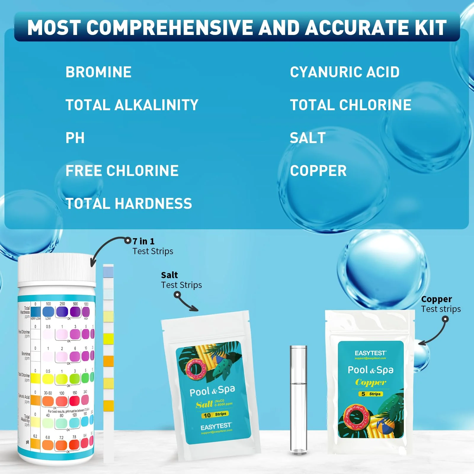 EASYTEST 9-Way Pool Test Strips, 140 Strips for Hot tub and Spa, Accurate Testing pH, Total Chlorine, Free Chlorine, Bromine, Alkalinity, Total Hardness, Cyanuric Acid, Salt and Copper - Image 5