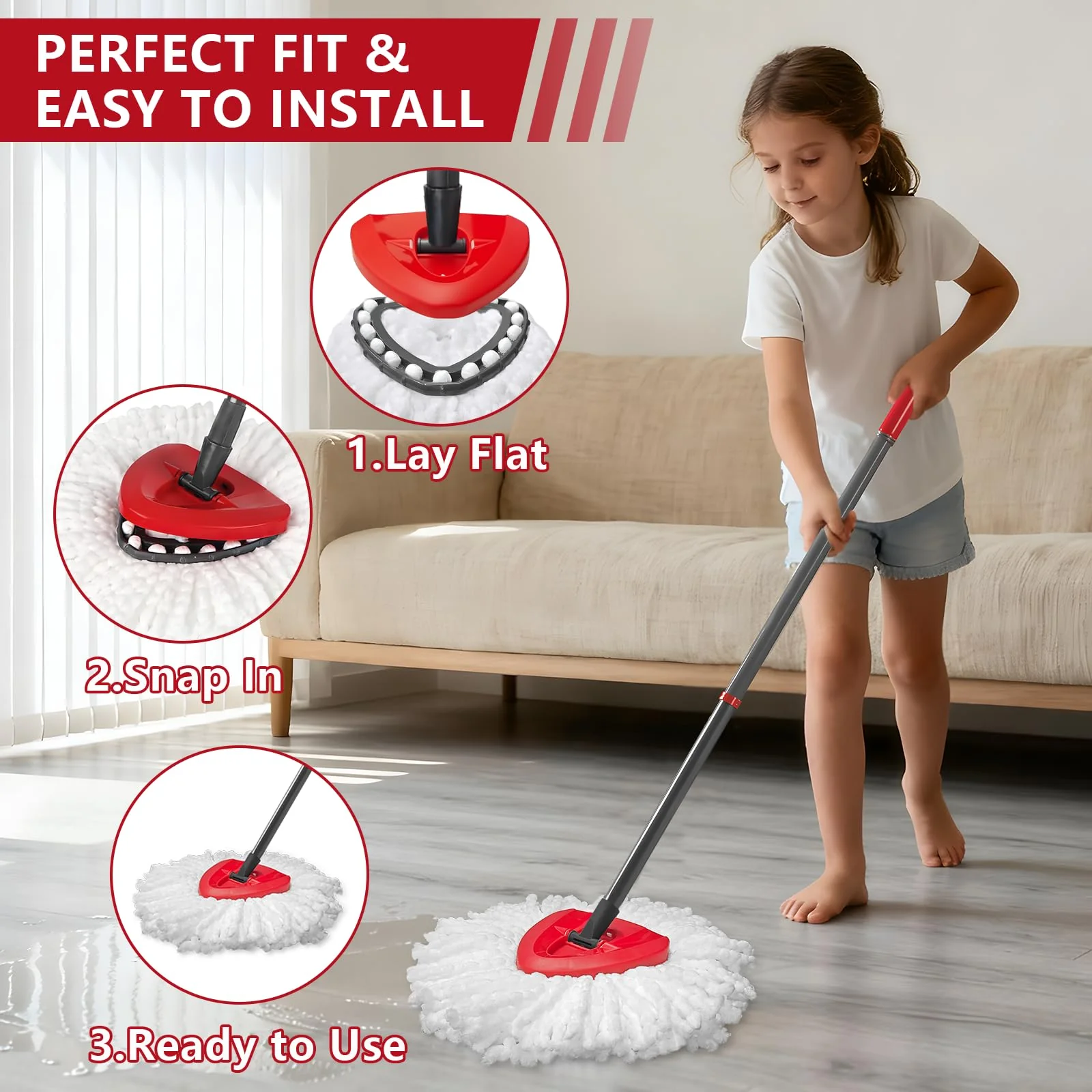Easywring 1-Tank System,Mop Replacement Heads for O-Ceda Replace , Spin Mop Heads Replacements, Microfiber Spin Mop Refills, Easy Cleaning Head Replacement (1 Base+3pcs White) - Image 5
