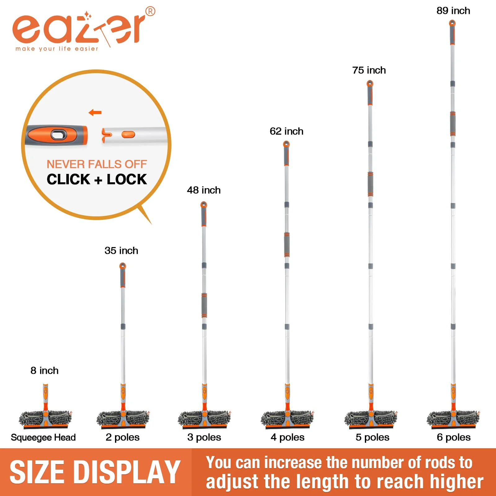 Eazer 89'' Squeegee Window Cleaner 2 in 1 Rotatable Window Cleaning Tool Kit with Extension Pole, Window Washing Equipment with Bendable Head for Indoor/Outdoor Window and Car Glass - Image 7