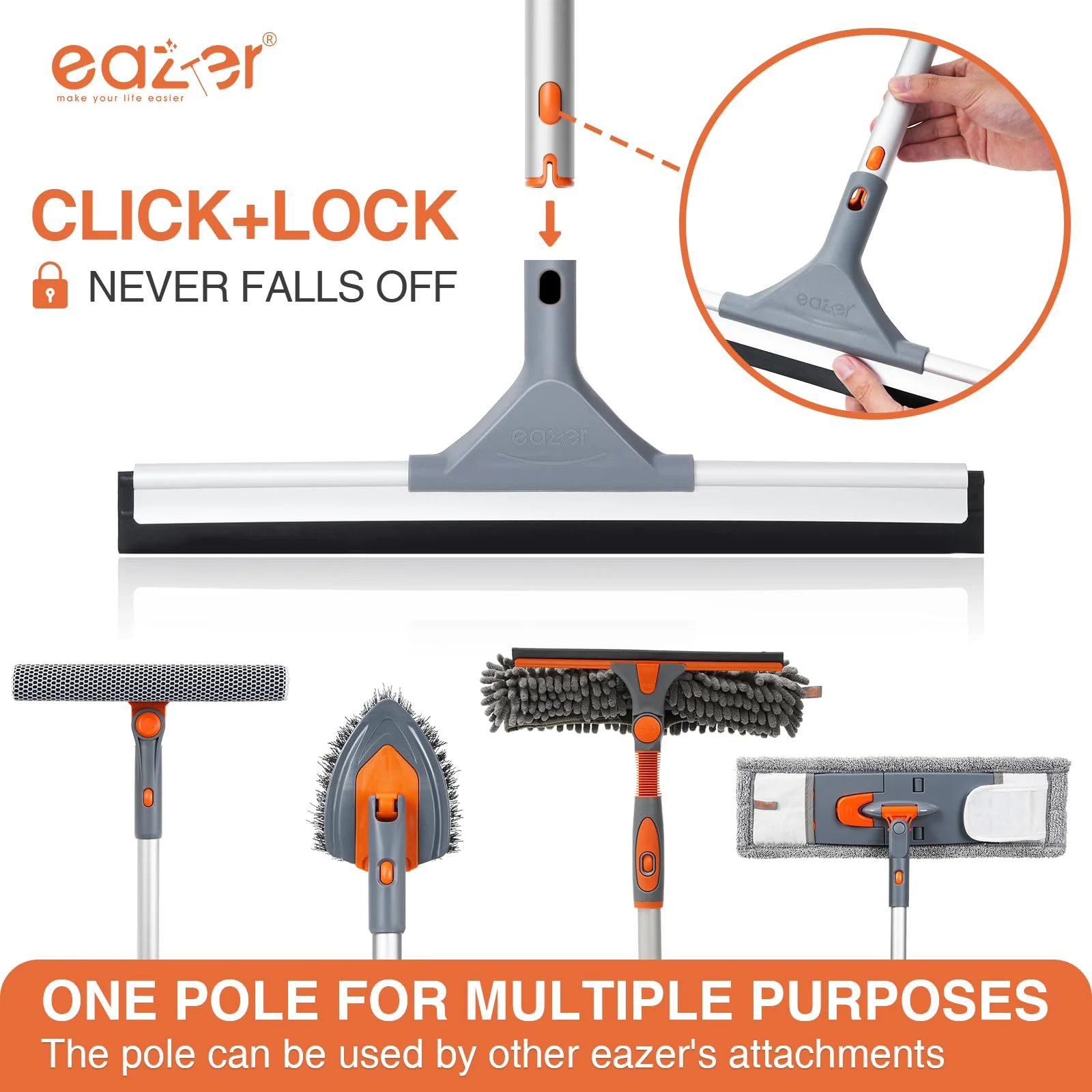 Eazer Floor Squeegee Broom: Heavy Duty Scrubber with Extendable 60'' Aluminum Pole and Rubber Blade for Kitchen, Swimming Pool, Concrete Floors,Shower,Tiles,Garages,Windows,Glass,Pet Hair Removal - Image 2