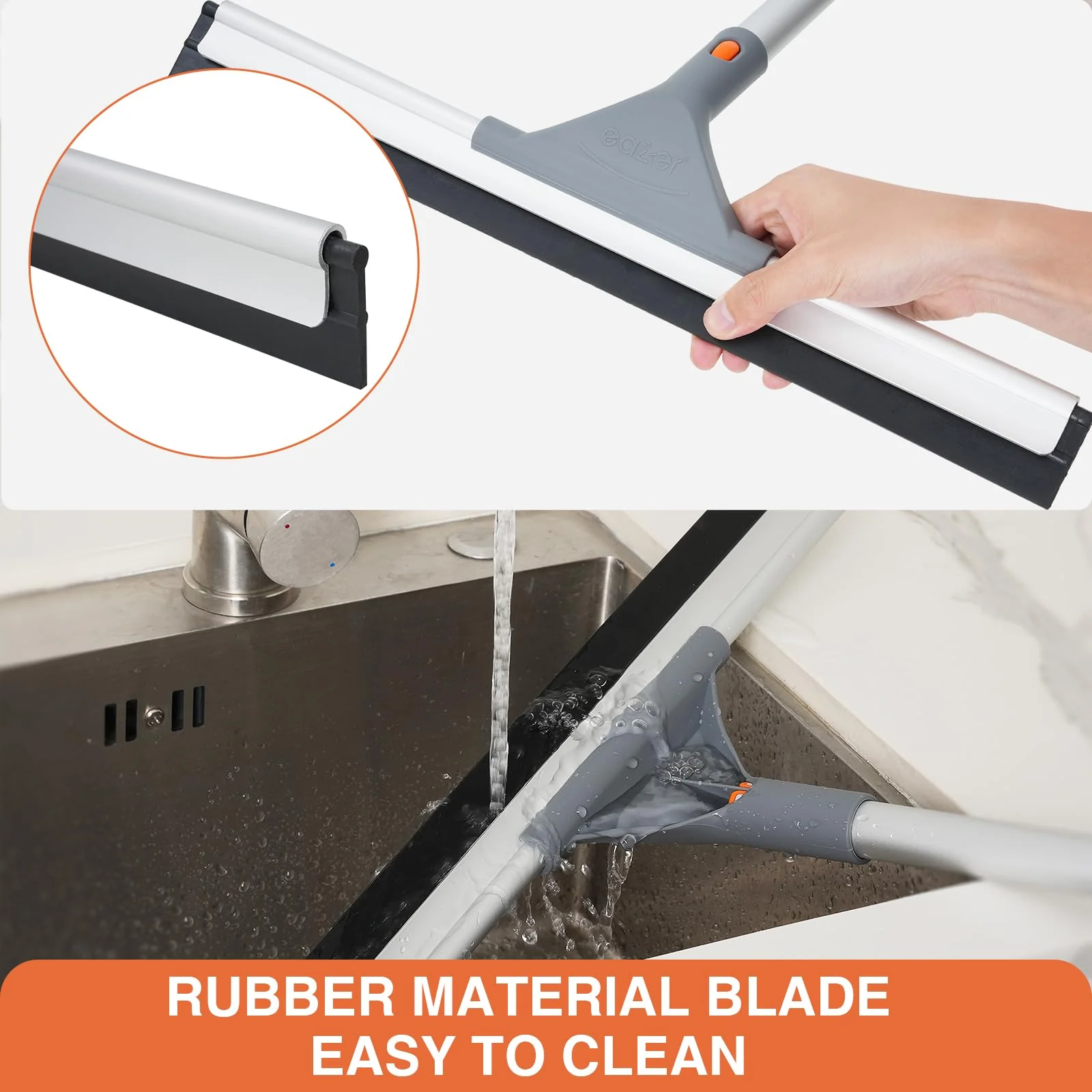 Eazer Floor Squeegee Broom: Heavy Duty Scrubber with Extendable 60'' Aluminum Pole and Rubber Blade for Kitchen, Swimming Pool, Concrete Floors,Shower,Tiles,Garages,Windows,Glass,Pet Hair Removal - Image 3