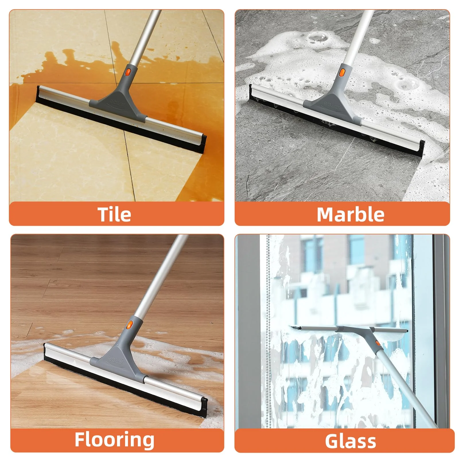 Eazer Floor Squeegee Broom: Heavy Duty Scrubber with Extendable 60'' Aluminum Pole and Rubber Blade for Kitchen, Swimming Pool, Concrete Floors,Shower,Tiles,Garages,Windows,Glass,Pet Hair Removal - Image 5