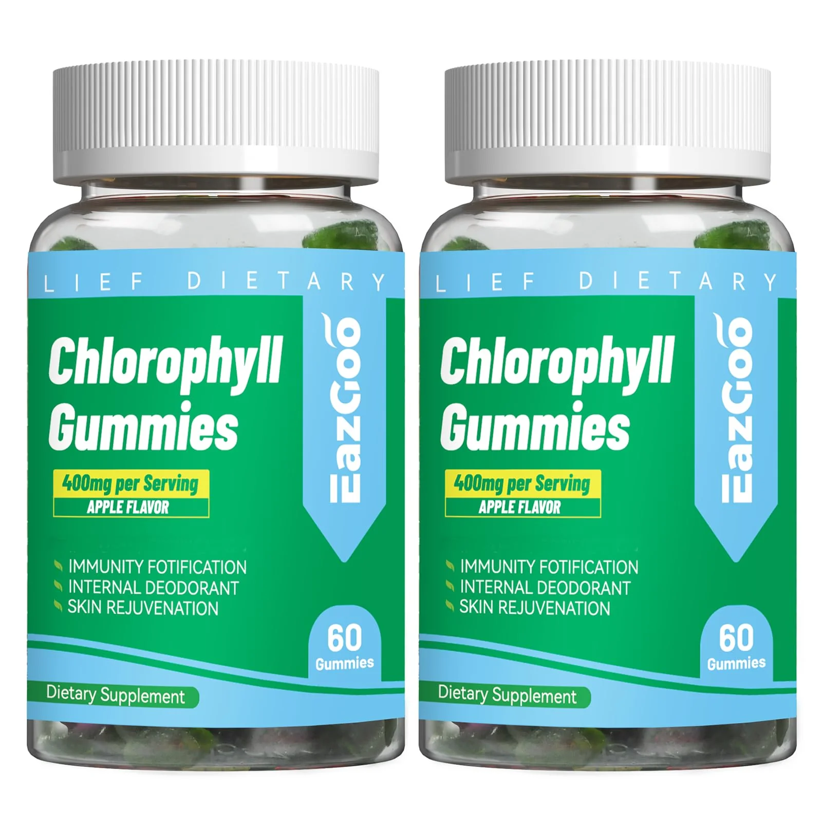 EAZGOO 2 Pack Chlorophyll Gummies for Body Odor Deodorant*, Sugar Free Chewable Chlorophyll for Immune Support Women Vegan,120 Count