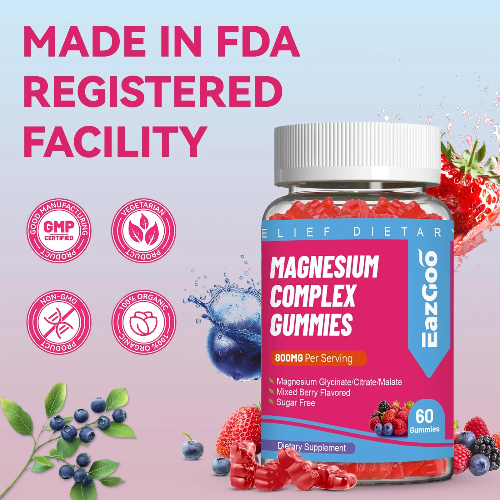 EAZGOO Magnesium Gummies 800mg - Vitamin D3, C, B6, B12 & Zinc Complex with Magnesium Glycinate, Citrate & Malate, Magnesium Complex Gummies for Muscle, Mood & Energy, Vegan 120 Counts - Image 2