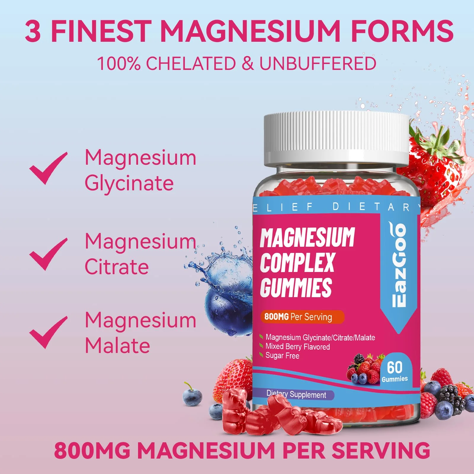 EAZGOO Magnesium Gummies 800mg - Vitamin D3, C, B6, B12 & Zinc Complex with Magnesium Glycinate, Citrate & Malate, Magnesium Complex Gummies for Muscle, Mood & Energy, Vegan 120 Counts - Image 5