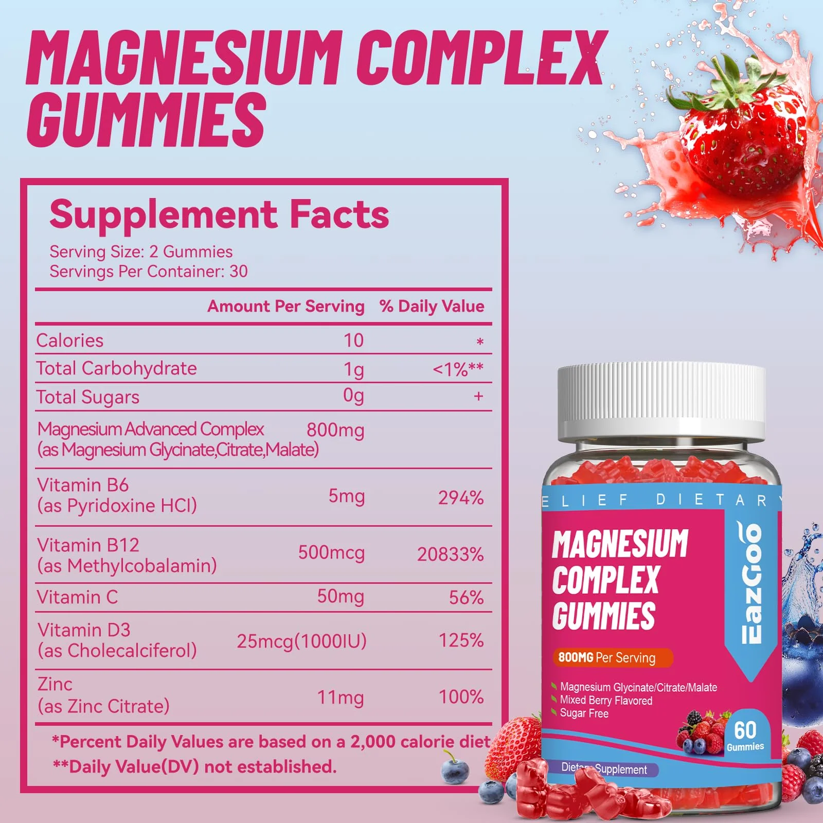 EAZGOO Magnesium Gummies 800mg - Vitamin D3, C, B6, B12 & Zinc Complex with Magnesium Glycinate, Citrate & Malate, Magnesium Complex Gummies for Muscle, Mood & Energy, Vegan 120 Counts - Image 7