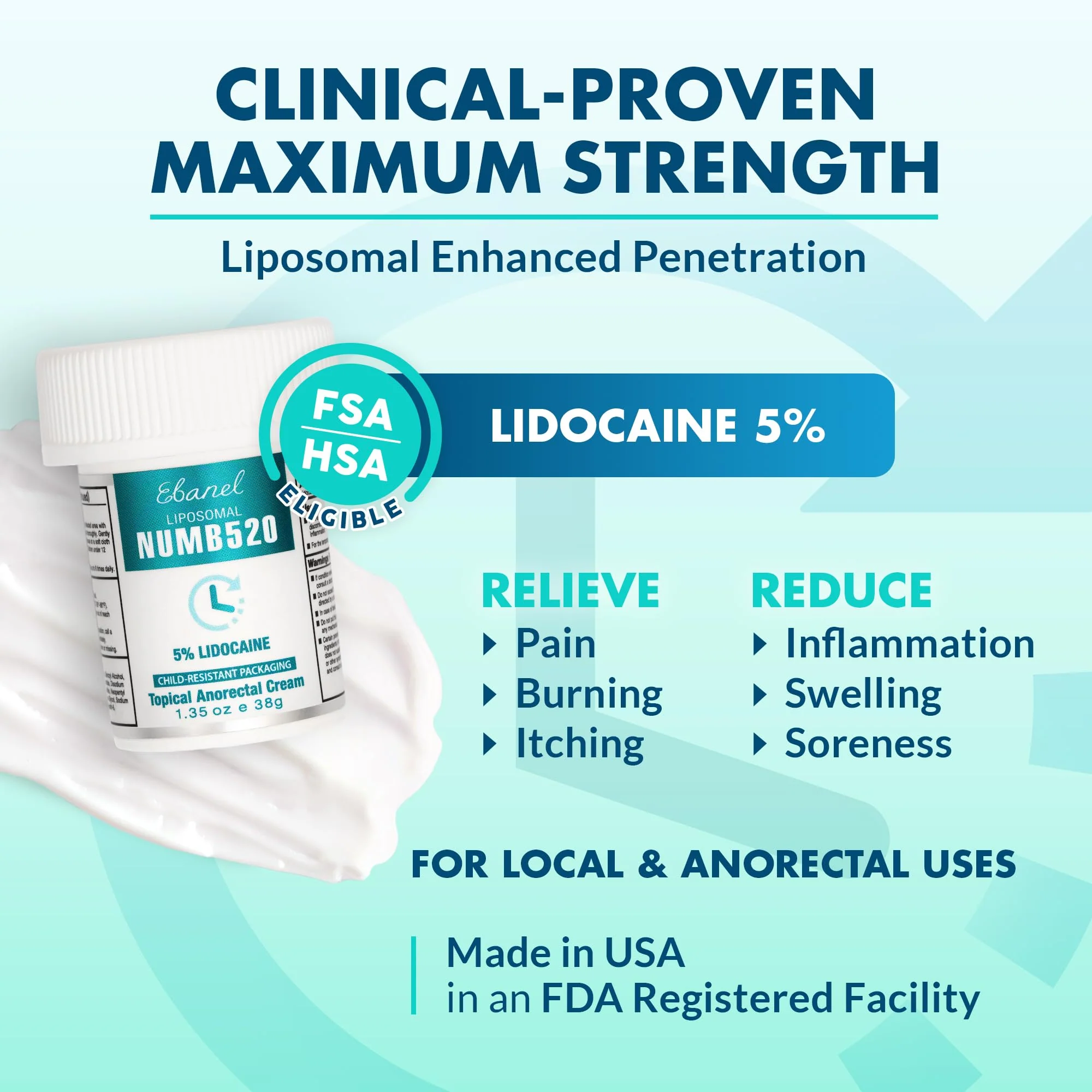 Ebanel 5% Lidocaine Numbing Cream, Pain Relief Burn Itch Numb Cream, Maximum Strength Topical Anesthetic with Allantoin, Vitamin E for Local and Anorectal Uses, Hemorrhoid Treatment, 1.35 Oz - Image 2
