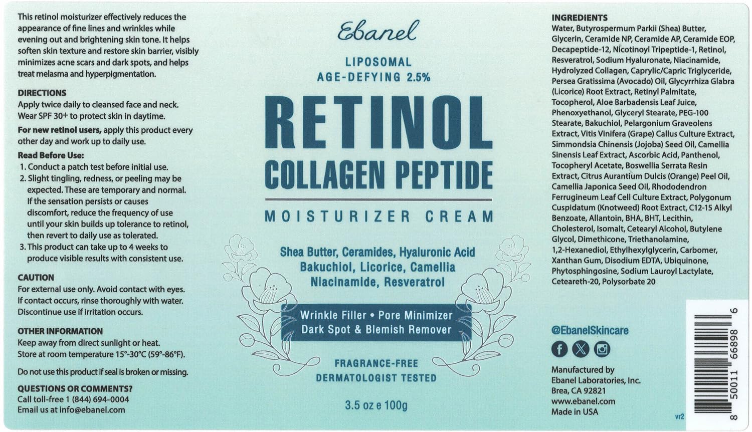 Ebanel Retinol Cream for Face 3.5 oz, Moisturizer with Collagen, Peptides, Ceramides, Hyaluronic Acid, Vitamin C & B5, Firming Anti Aging Face Cream for Wrinkles, Fine Lines, Dark Spots, Day & Night - Image 3
