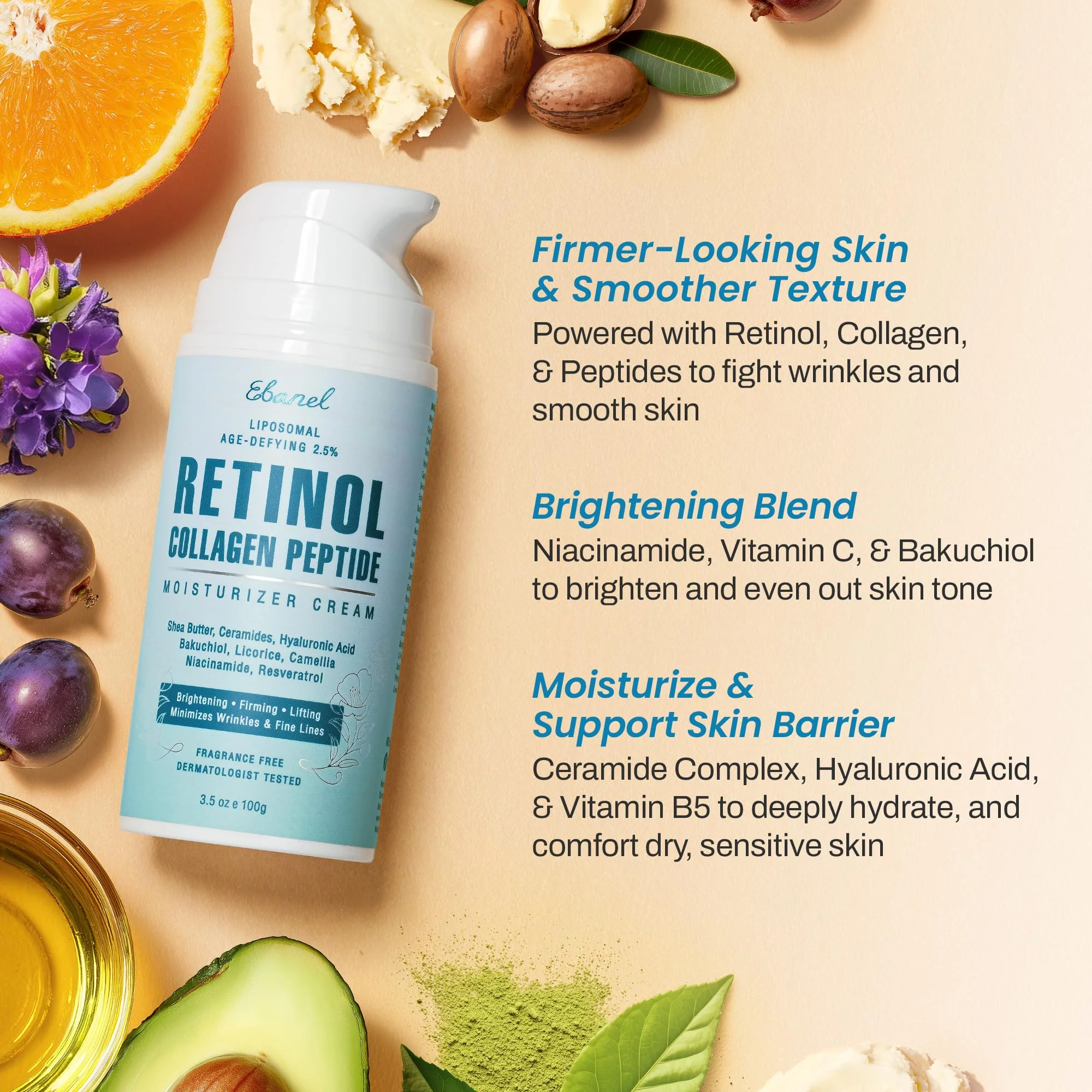 Ebanel Retinol Cream for Face 3.5 oz, Moisturizer with Collagen, Peptides, Ceramides, Hyaluronic Acid, Vitamin C & B5, Firming Anti Aging Face Cream for Wrinkles, Fine Lines, Dark Spots, Day & Night - Image 7