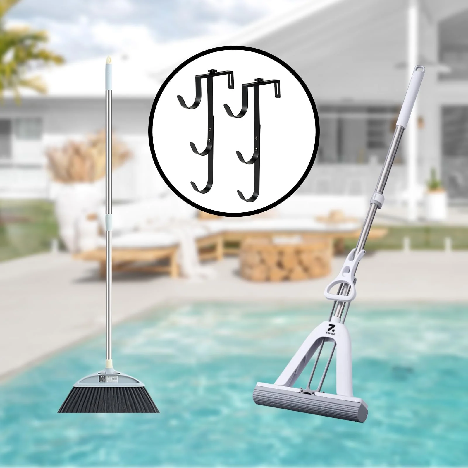 ECcandiedhaws 2Pcs Black Pool Pole Hangers, Adjustable Heavy Duty Swimming Pool Fence Hooks for Pool Equipment, Skimmers, Leaf Rakes, Nets, Brushes, Vacuum Hose, Garden Tool Organizer - Image 2