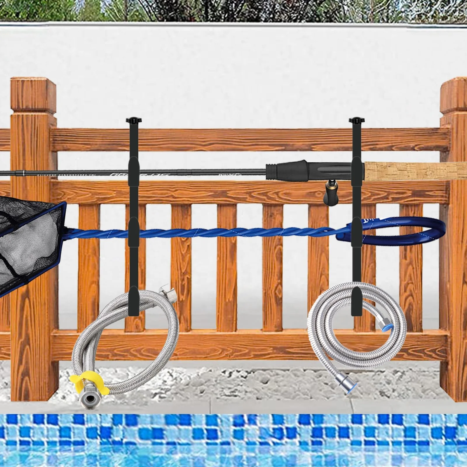 ECcandiedhaws 2Pcs Black Pool Pole Hangers, Adjustable Heavy Duty Swimming Pool Fence Hooks for Pool Equipment, Skimmers, Leaf Rakes, Nets, Brushes, Vacuum Hose, Garden Tool Organizer - Image 4