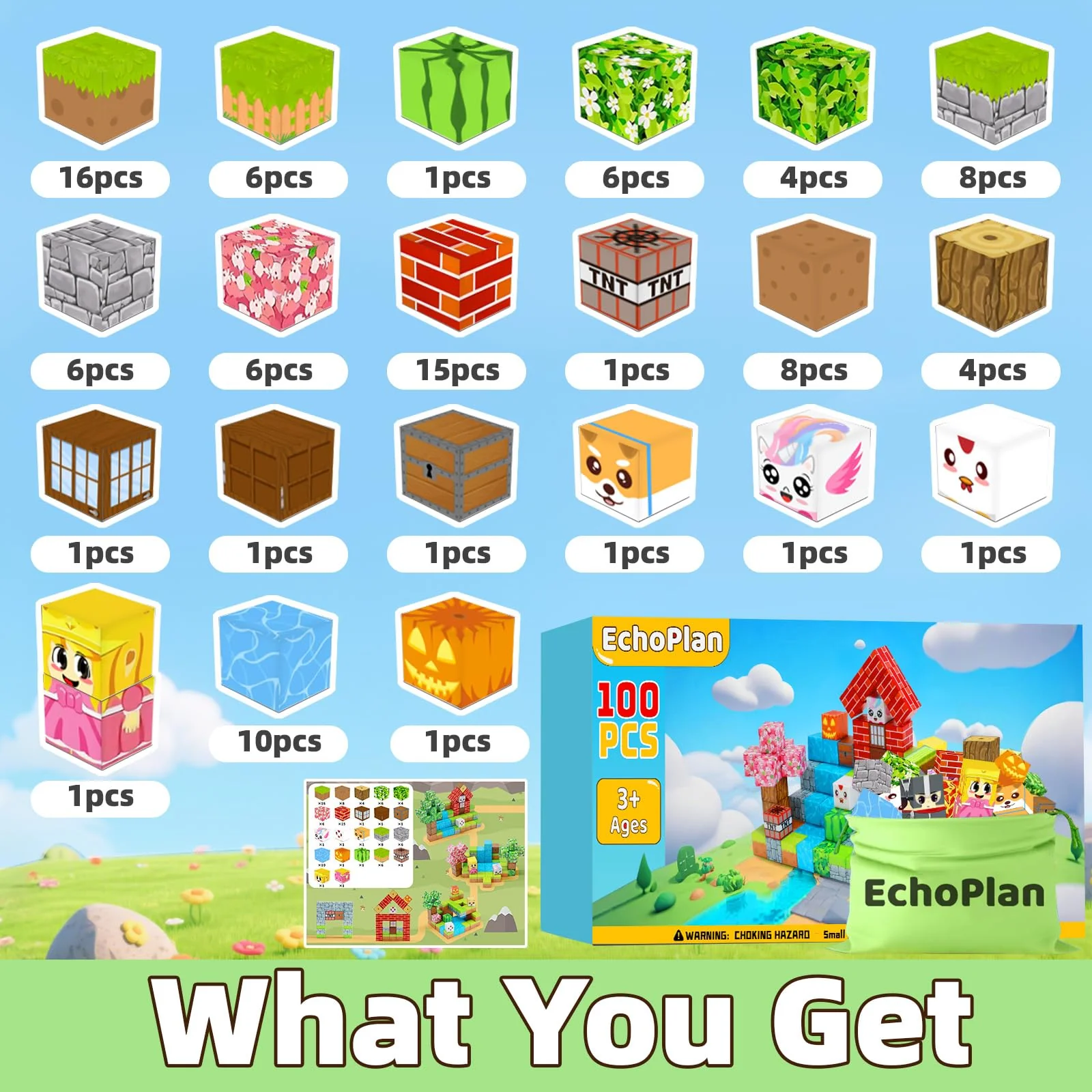EchoPlan Magnetic Blocks, 100PCS Magnetic Building Blocks to Build a 3D World, STEM Sensory Construction Stacking Magnet Blocks Toy for Kids Ages 3+, Boys and Girls Christmas Birthday Gifts - Image 3