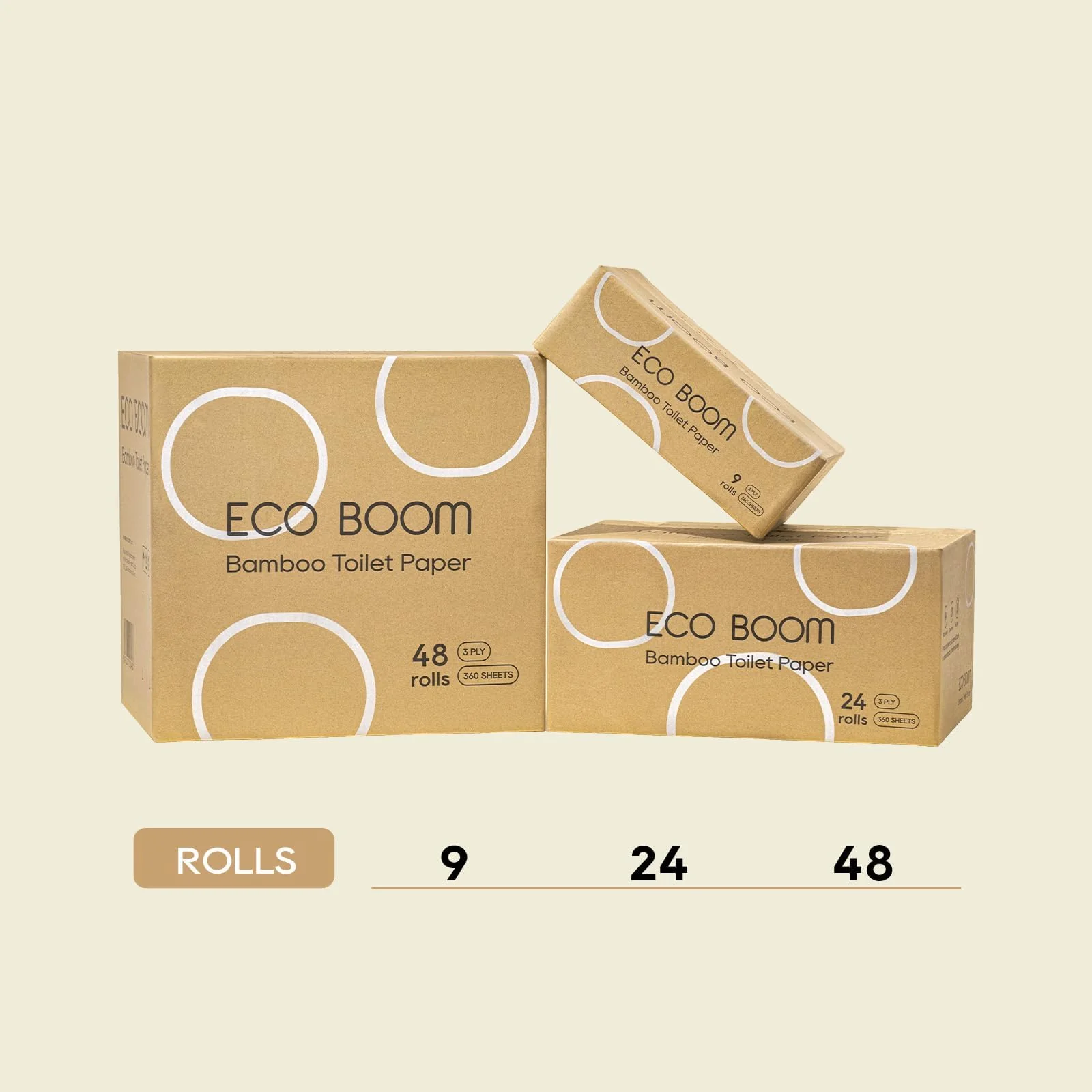 ECO BOOM Unbleached Bamboo Toilet Paper, 100% Tree-Free & Plastic-Free, 3-Ply Strong, FSC Certified, Unscented, 9 Rolls, 360 Sheets | PFAS Free, BPA Free & Septic Safe - Image 2