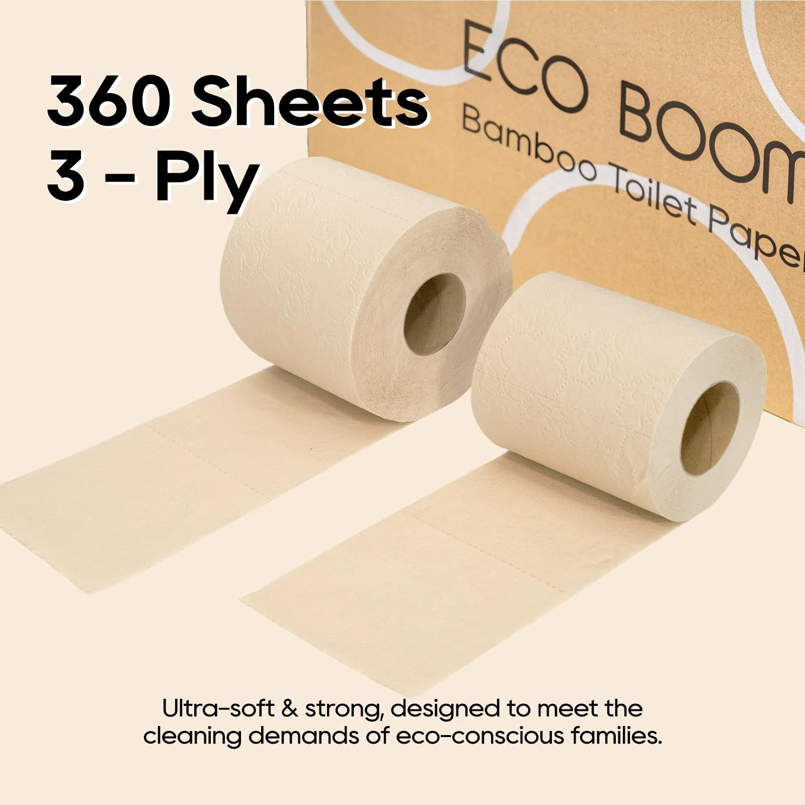 ECO BOOM Unbleached Bamboo Toilet Paper, 100% Tree-Free & Plastic-Free, 3-Ply Strong, FSC Certified, Unscented, 9 Rolls, 360 Sheets | PFAS Free, BPA Free & Septic Safe - Image 5