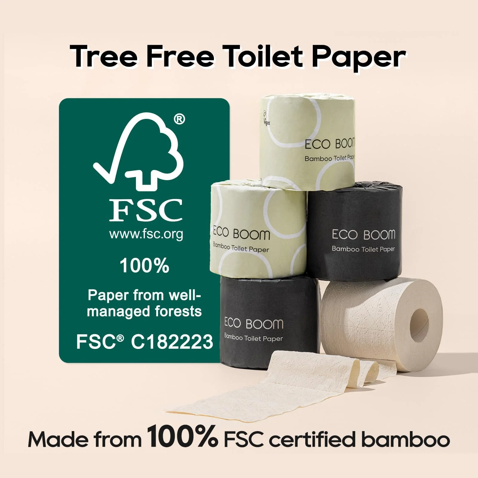 ECO BOOM Unbleached Bamboo Toilet Paper, 100% Tree-Free & Plastic-Free, 3-Ply Strong, FSC Certified, Unscented, 9 Rolls, 360 Sheets | PFAS Free, BPA Free & Septic Safe - Image 6