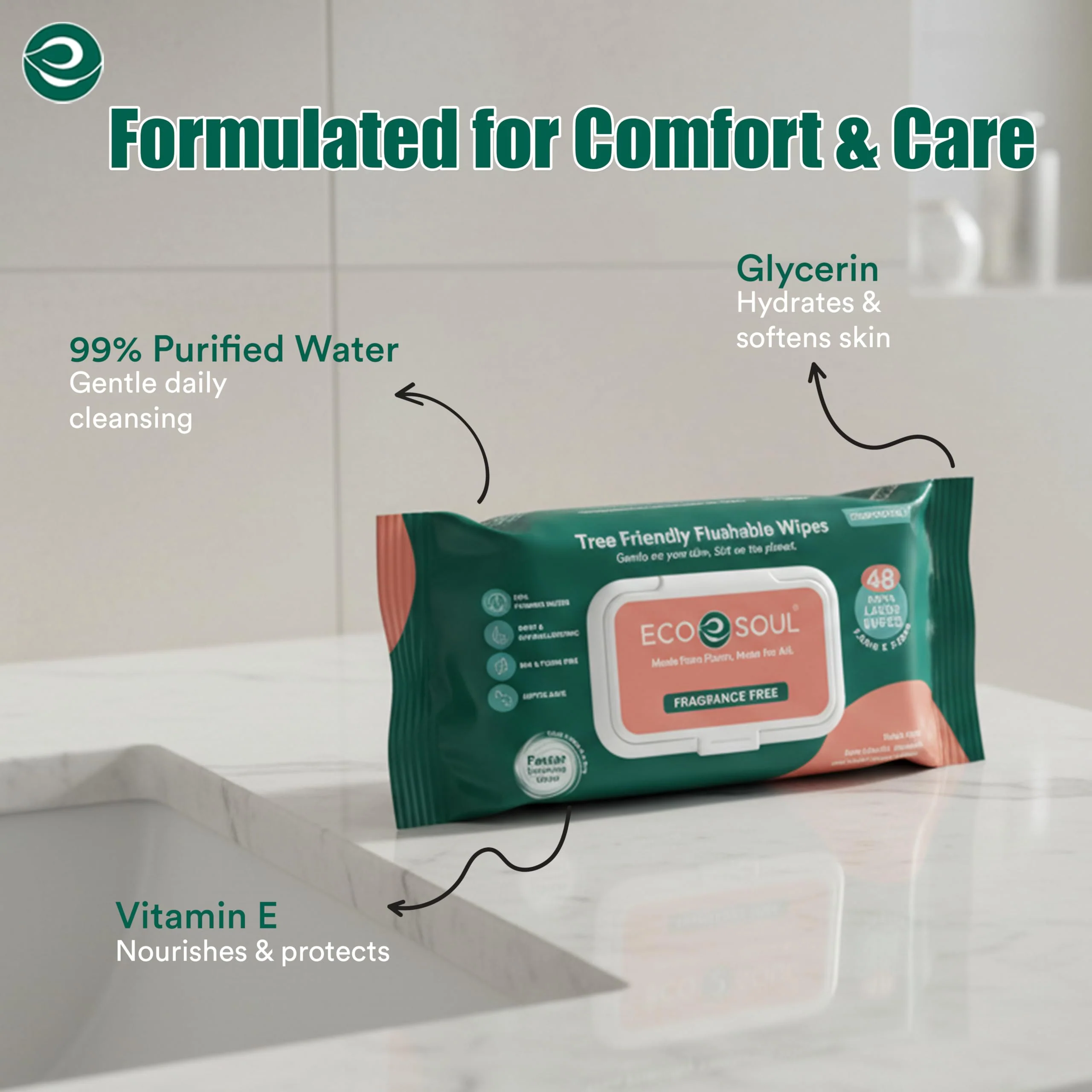 Eco Soul Bamboo Flushable Wipes Adult Wet Wipe [12 x Pack of 48, Unscented] 100% Plant-Based Biodegradable Septic & Sewer Safe Alcohol-Free & Hypoallergenic for Sensitive Skin |576 Soft Butt Wipes - Image 7