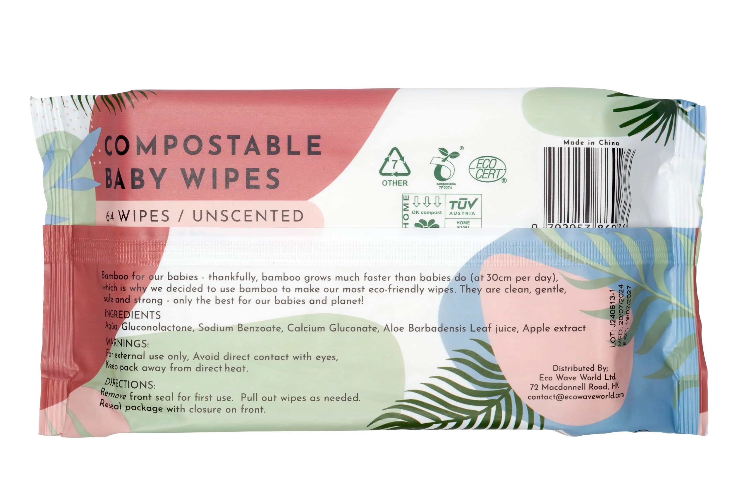 Eco Wave Baby Wipes, 100% Compostable Eco-Friendly Bamboo Wipes, Unscented, Hypoallergenic, Vegan, Alcohol-Free, Suitable For Sensitive Skin (Pack of 12) - Image 3