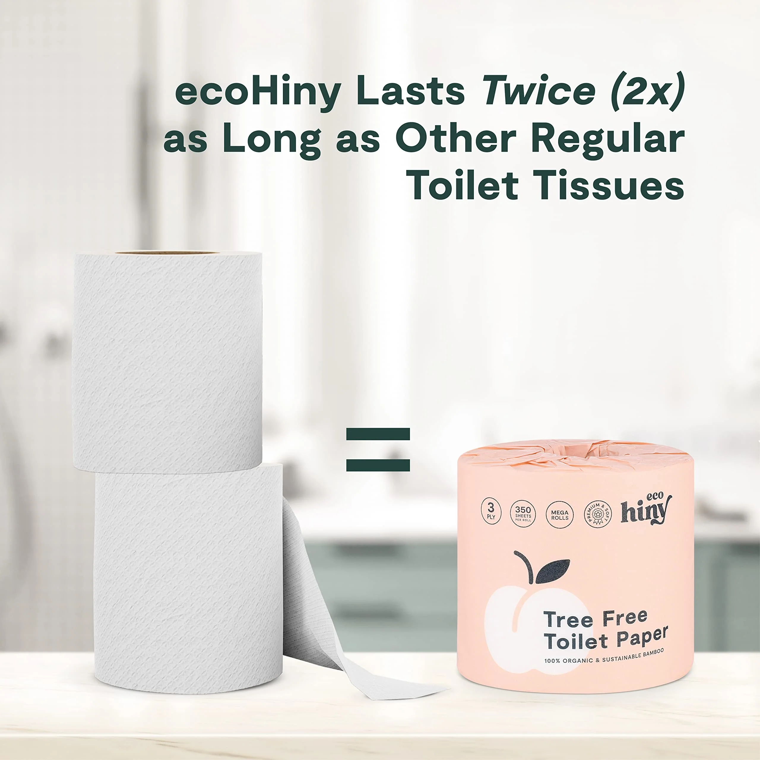 ecoHiny Premium & Soft Bamboo Toilet Paper | PFAS Free | 12 Mega Rolls, 3 ply & 350 Sheets | Non Toxic, FSC Certified, Septic Safe, BPA Free | Tree Free Toilet Tissue | Plastic Free Packaging - Image 4