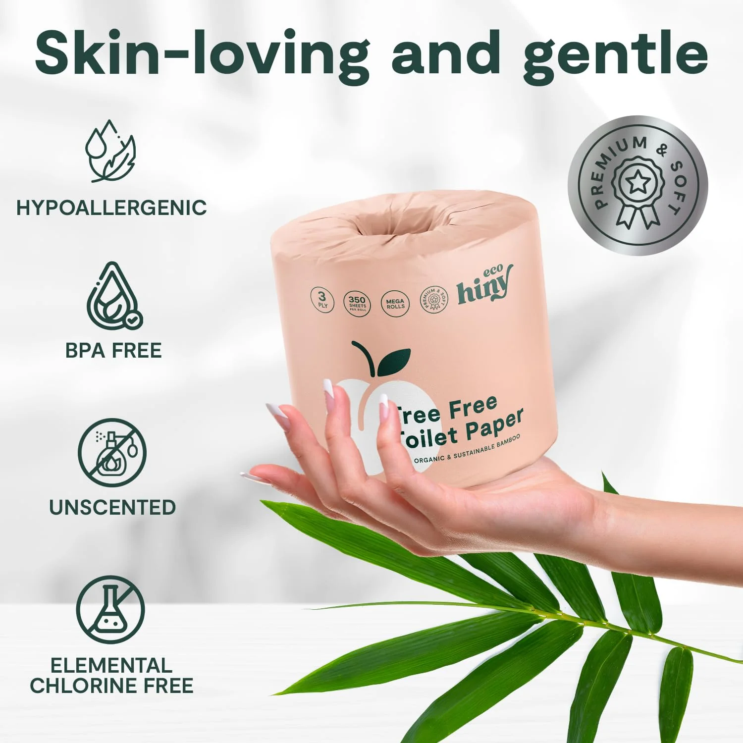 ecoHiny Premium & Soft Bamboo Toilet Paper | PFAS Free | 12 Mega Rolls, 3 ply & 350 Sheets | Non Toxic, FSC Certified, Septic Safe, BPA Free | Tree Free Toilet Tissue | Plastic Free Packaging - Image 5