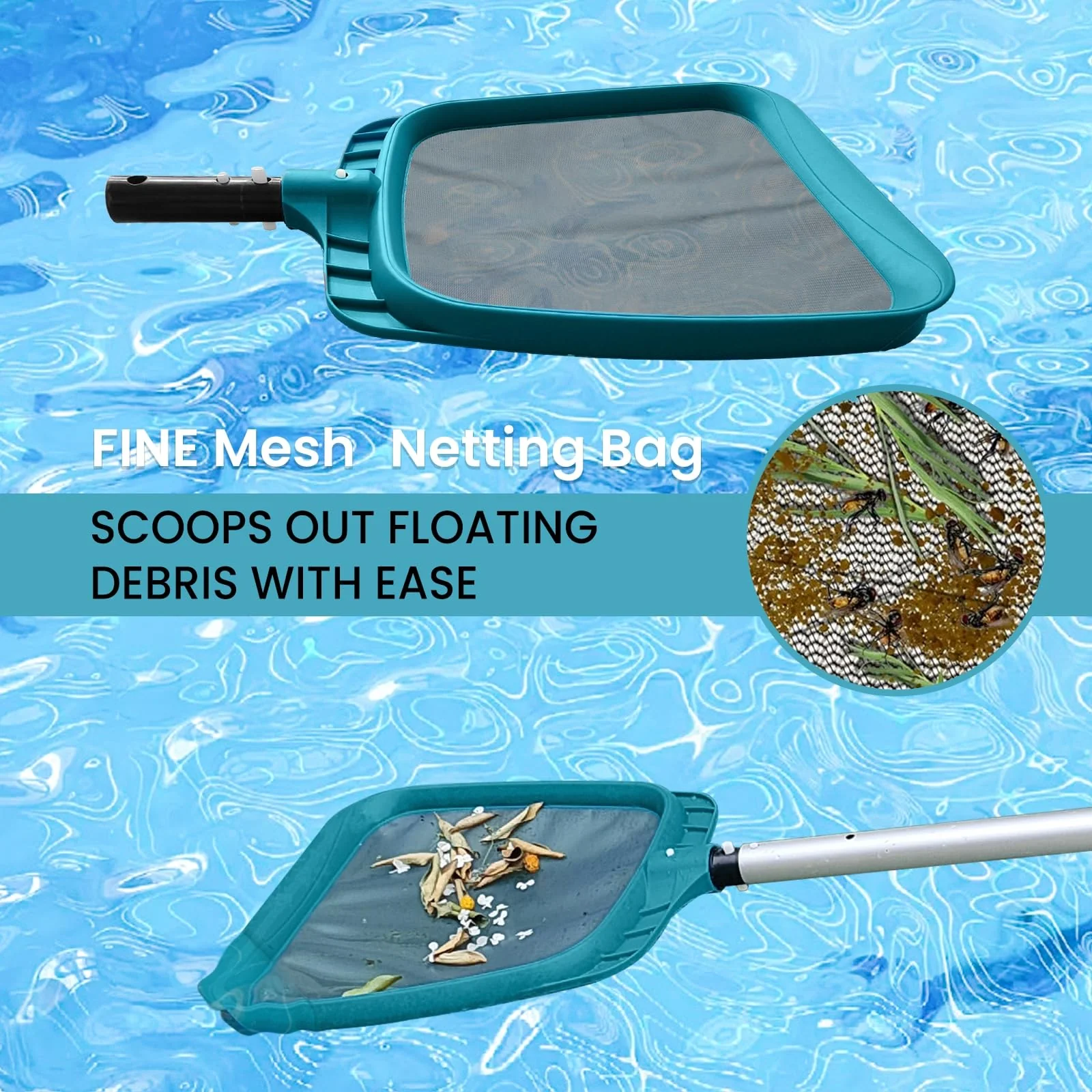Economy Swimming Pool Cleaning Kit - Fine Mesh Deep Pool Rake & Leaf Skimmer Net, Rotatable Pool Brush Head for Cleaning Above Ground & Inground Pools (No Pole) - Image 2