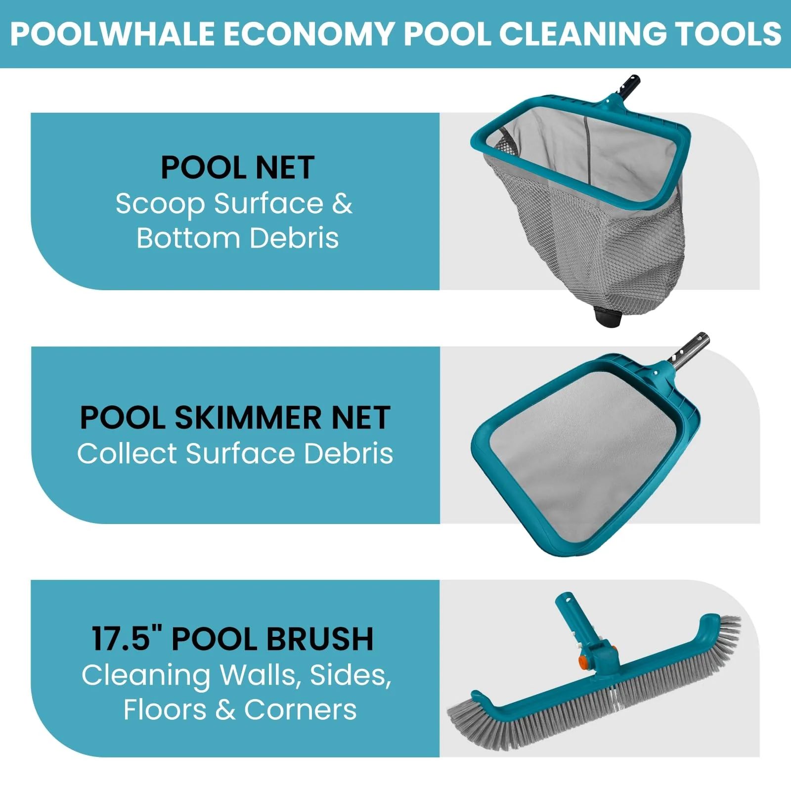 Economy Swimming Pool Cleaning Kit - Fine Mesh Deep Pool Rake & Leaf Skimmer Net, Rotatable Pool Brush Head for Cleaning Above Ground & Inground Pools (No Pole) - Image 6