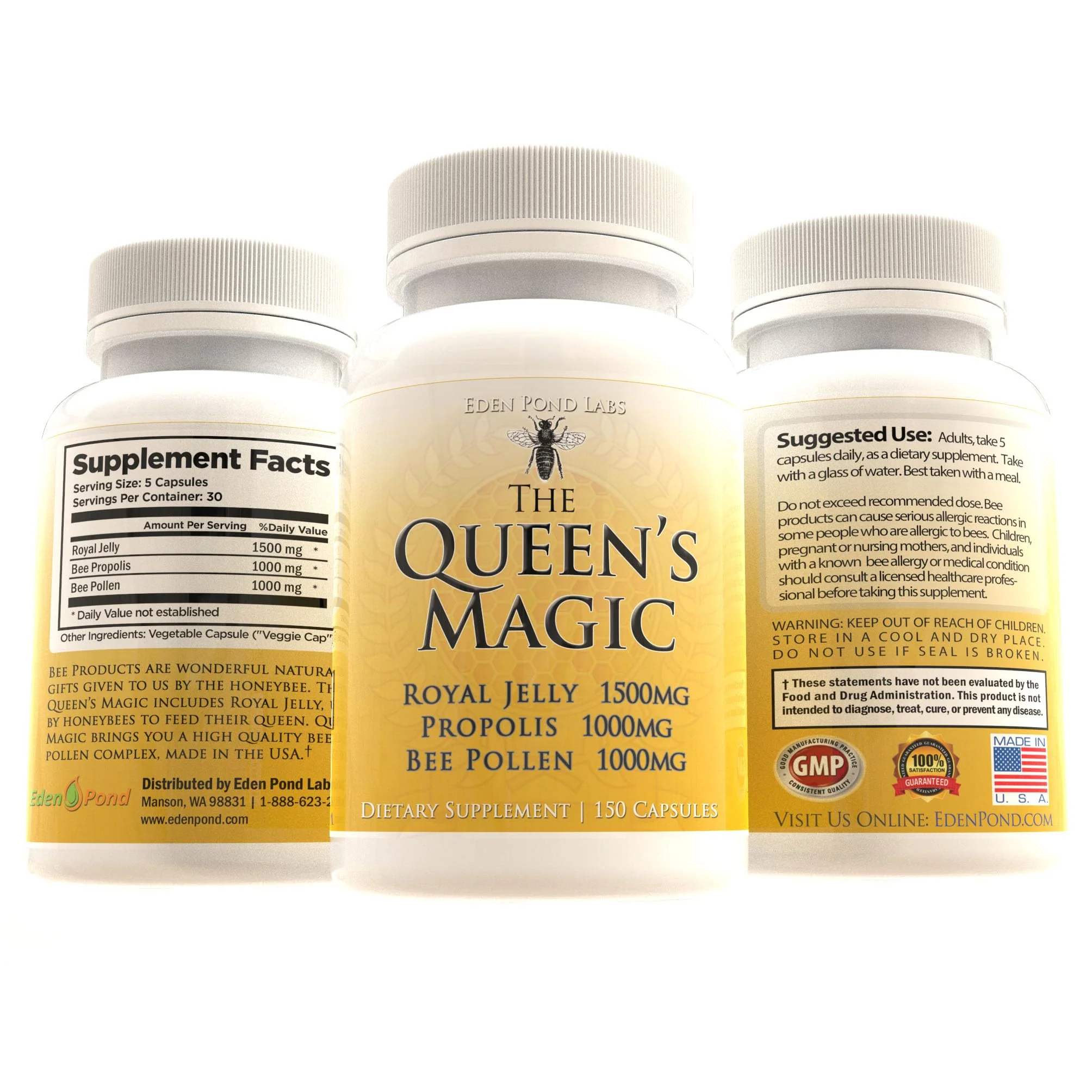 Eden Pond Queen's Magic Bee Pollen (Royal Jelly 1500mg, Propolis 1000mg, Beepollen 750mg) in 3 Daily Capsules, 120 Count - Image 3