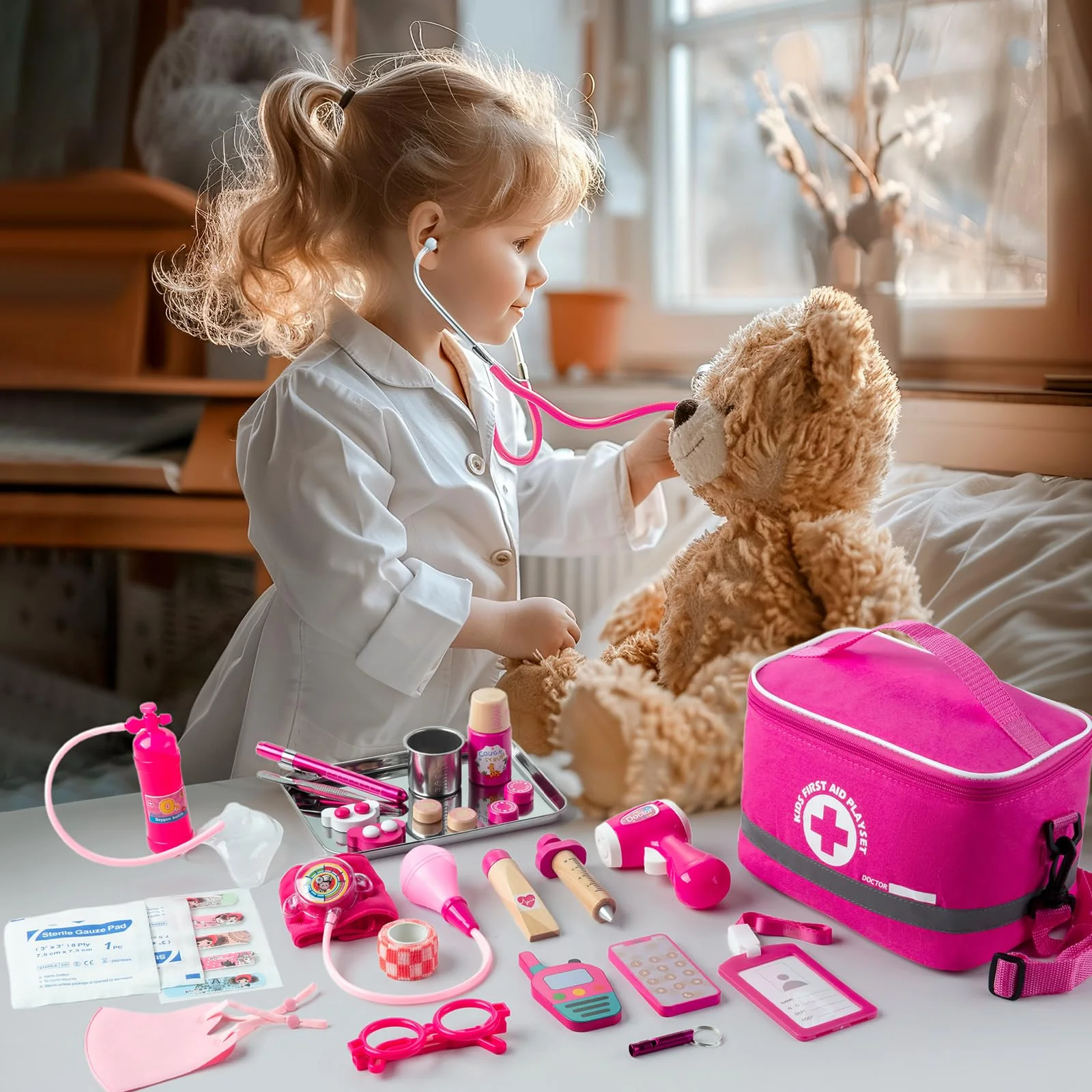 EFO SHM Doctors Set for Kids Age 3+, Kids Medical Kit with Realistic Stethoscope, Wooden Doctor Playset, Costume, Pretend Play Educational Toy Gift - Image 2