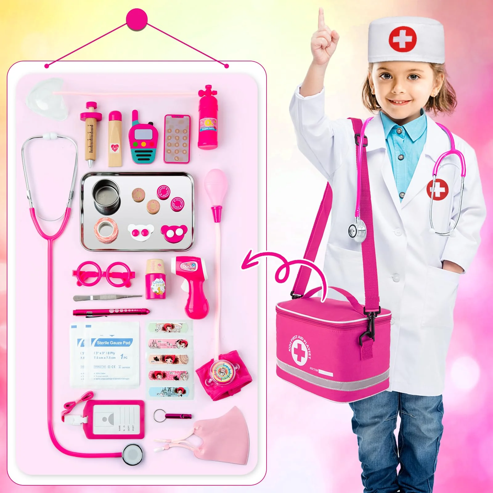 EFO SHM Doctors Set for Kids Age 3+, Kids Medical Kit with Realistic Stethoscope, Wooden Doctor Playset, Costume, Pretend Play Educational Toy Gift - Image 4