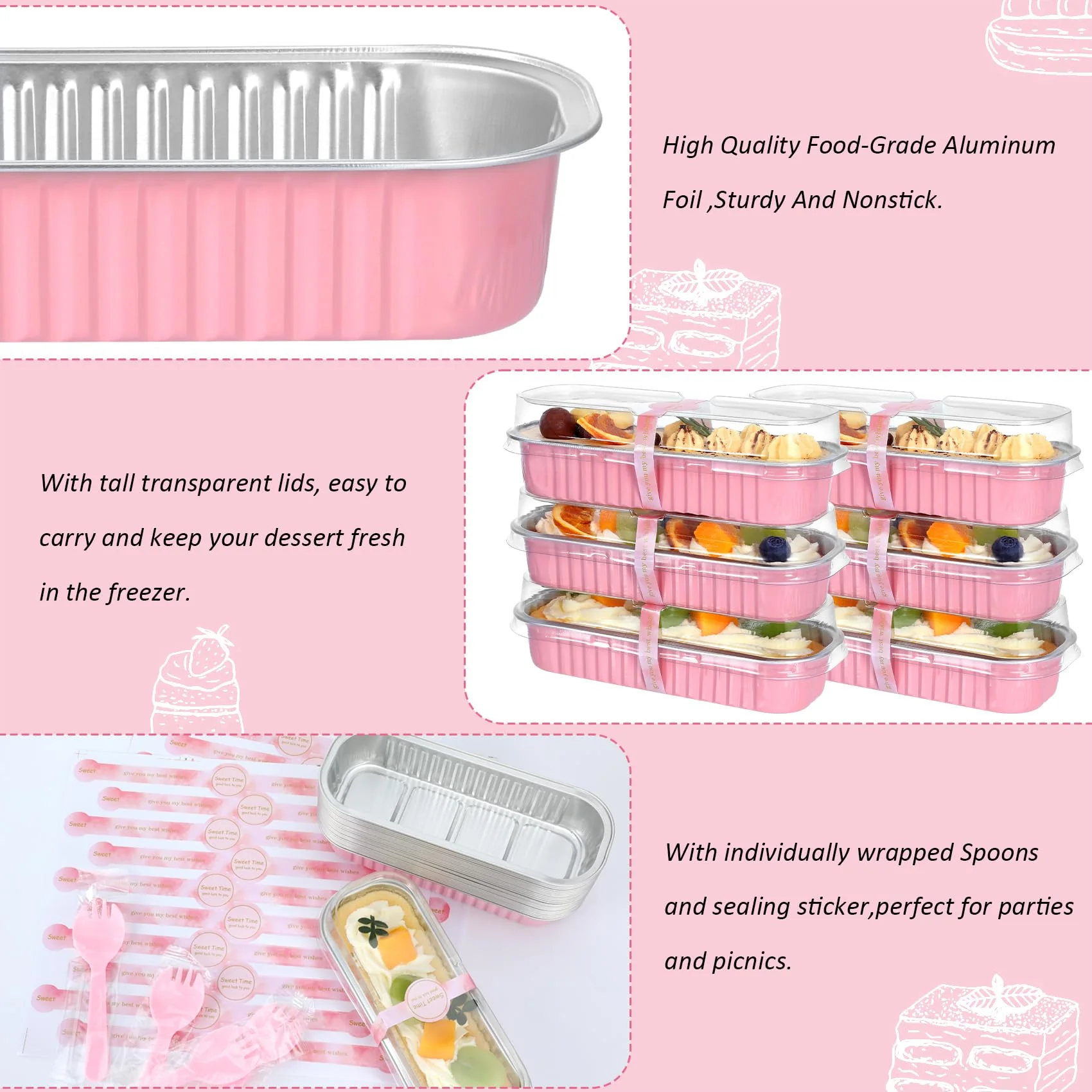 EgticHome Mini Loaf Pans with Lids and Spoons (100 Pack, Pink, 6.8oz) Rectangular Aluminum Foil Baking Pans - Image 6